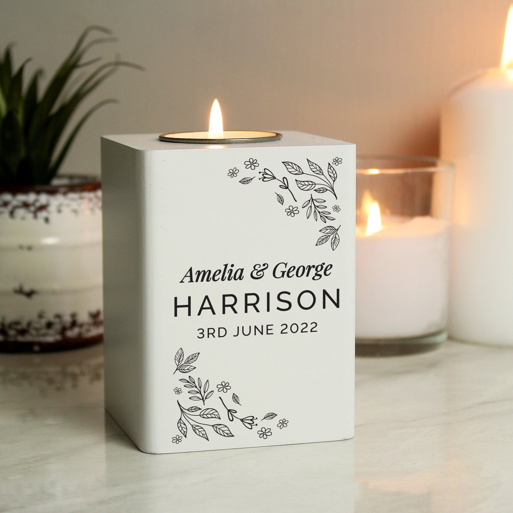 Personalised Floral Leaf White Wooden Tea Light Holder: 1 - Candle Holders By Gift Moments