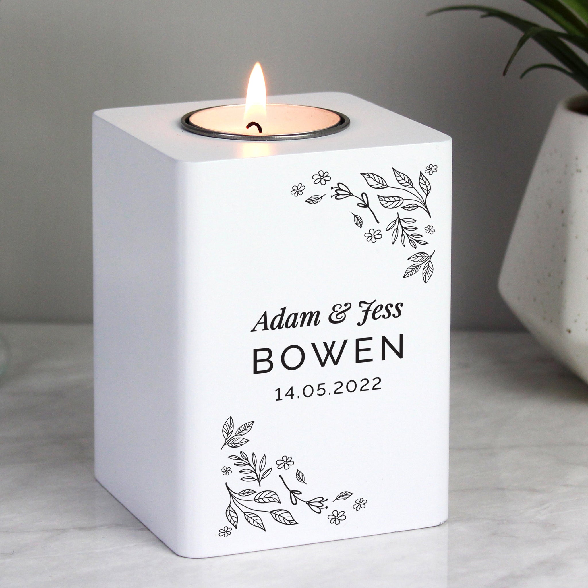 Personalised Floral Leaf White Wooden Tea Light Holder: 3 - Candle Holders By Gift Moments