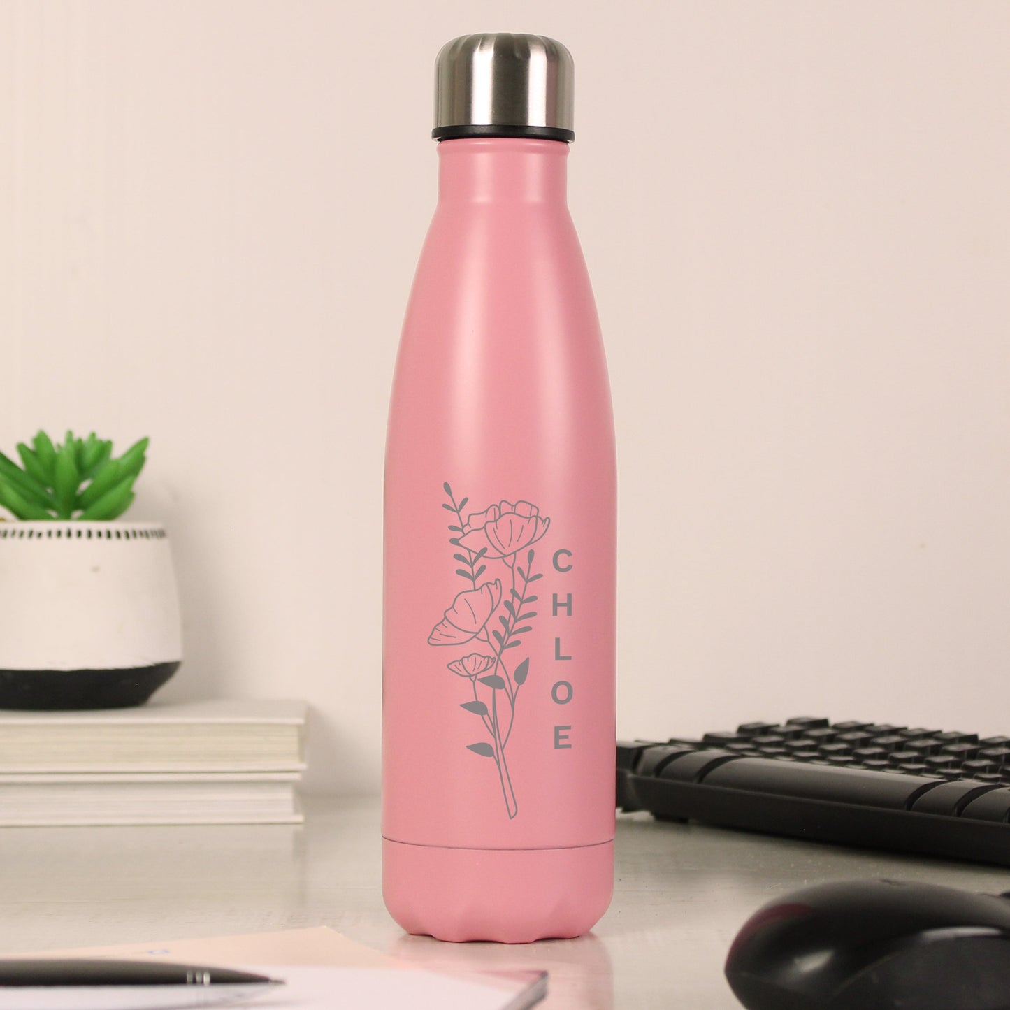 Personalised Floral Pink Metal Insulated Drinks Bottle: 3 - Water Bottles By Gift Moments