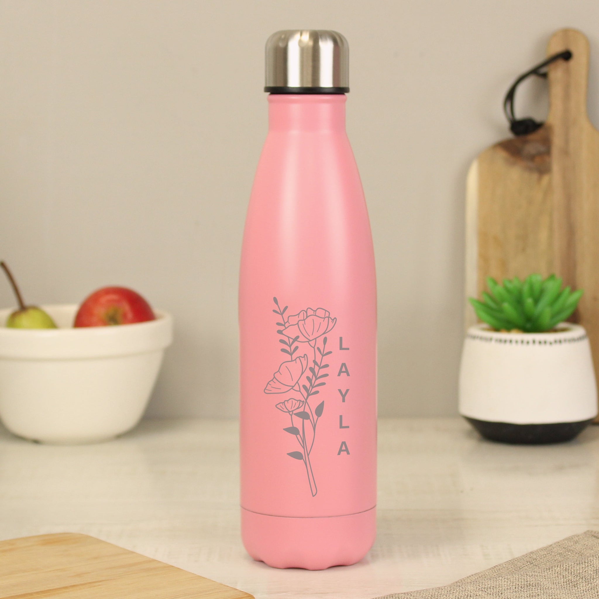 Personalised Floral Pink Metal Insulated Drinks Bottle: 1 - Water Bottles By Gift Moments