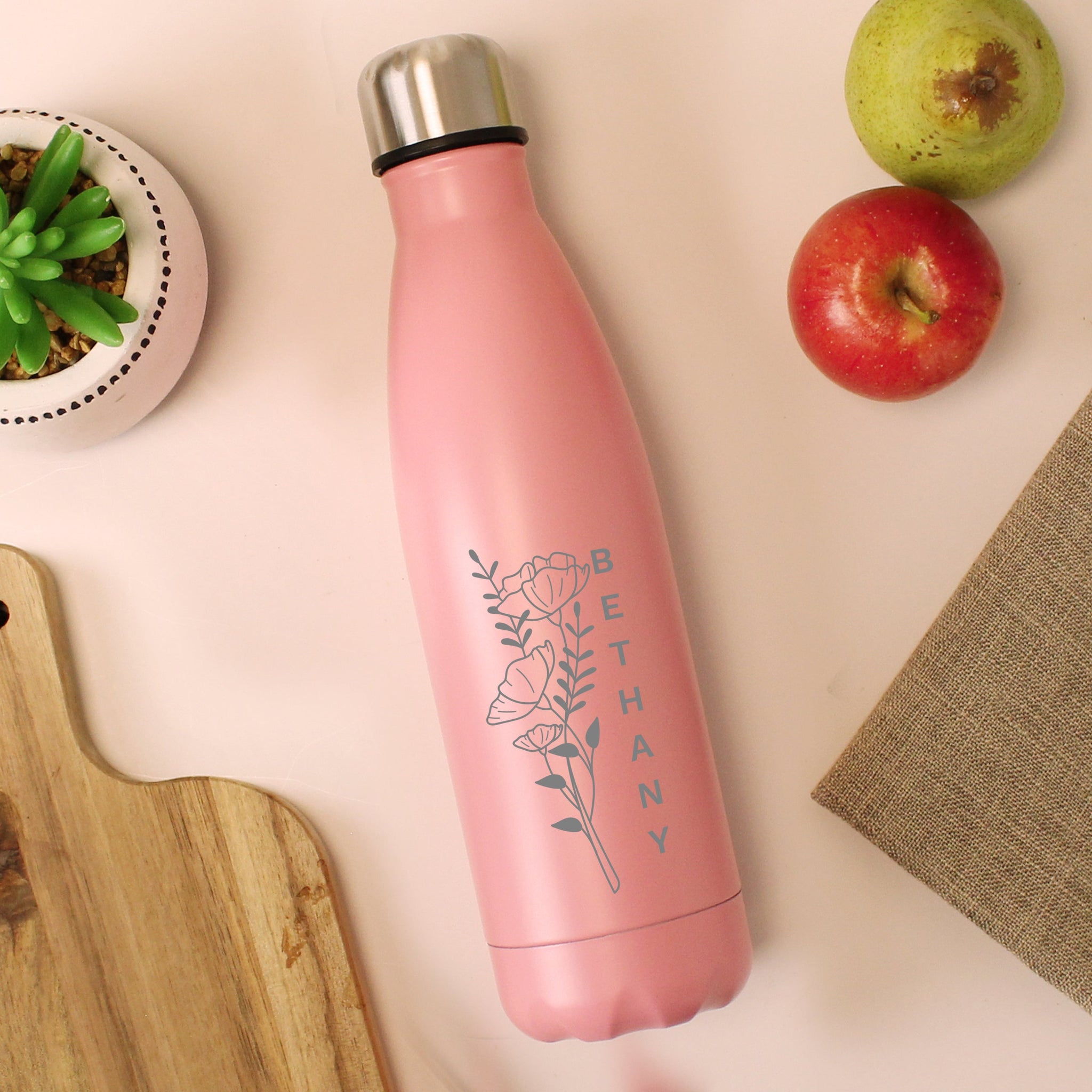 Personalised Floral Pink Metal Insulated Drinks Bottle: 2 - Water Bottles By Gift Moments