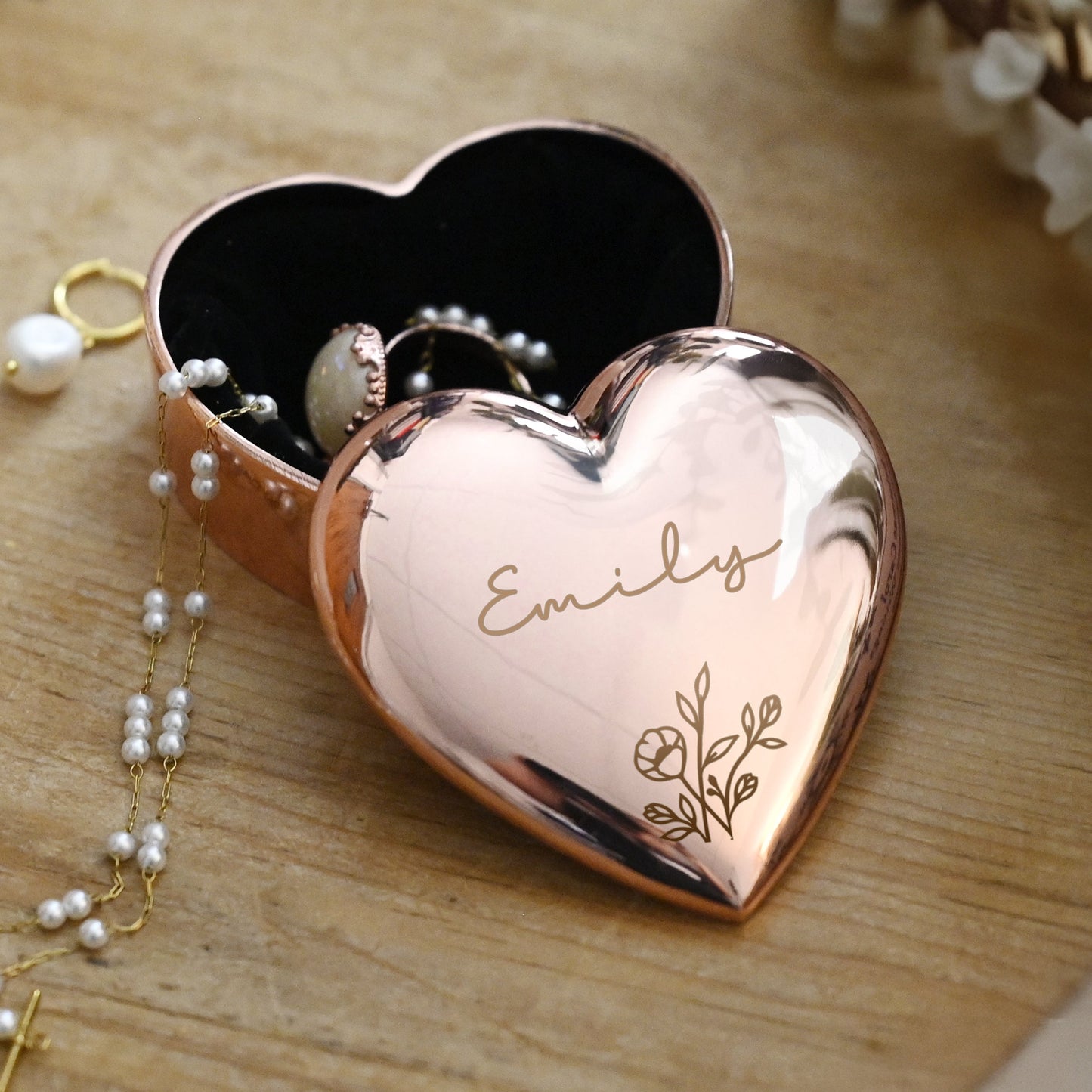 Personalised Floral Rose Gold Heart Trinket Box: 1 - Trinket Boxes By Gift Moments