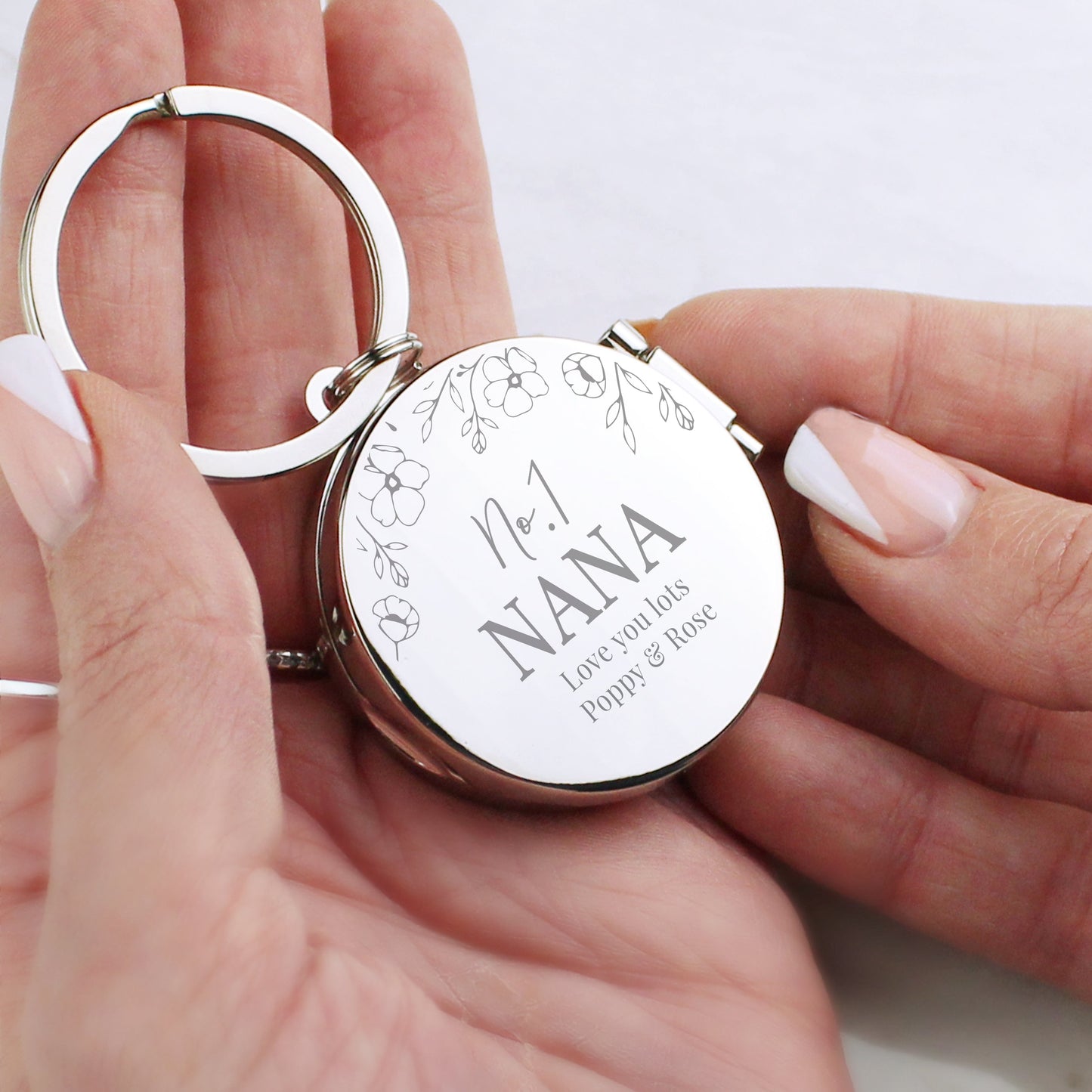 Personalised Floral Round Photo Frame Keyring: 3 - Keyrings By Gift Moments