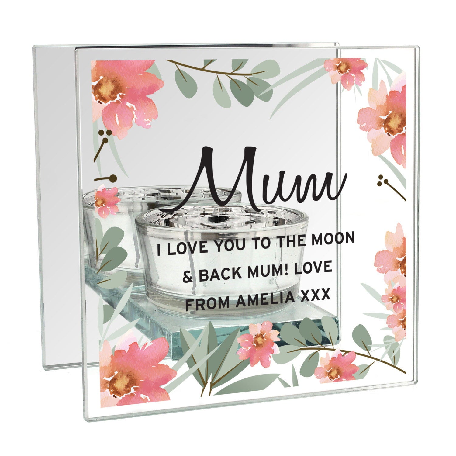Personalised Floral Sentimental Mirrored Glass Tea Light Candle Holder: 5 - Candle Holders By Gift Moments