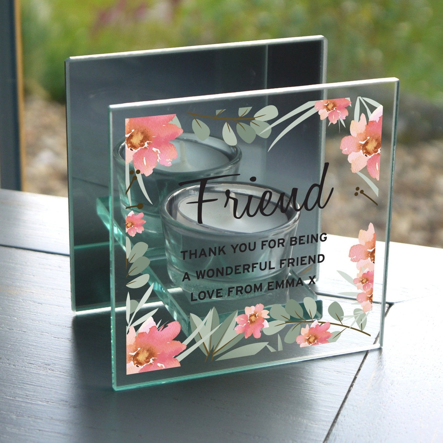 Personalised Floral Sentimental Mirrored Glass Tea Light Candle Holder: 2 - Candle Holders By Gift Moments