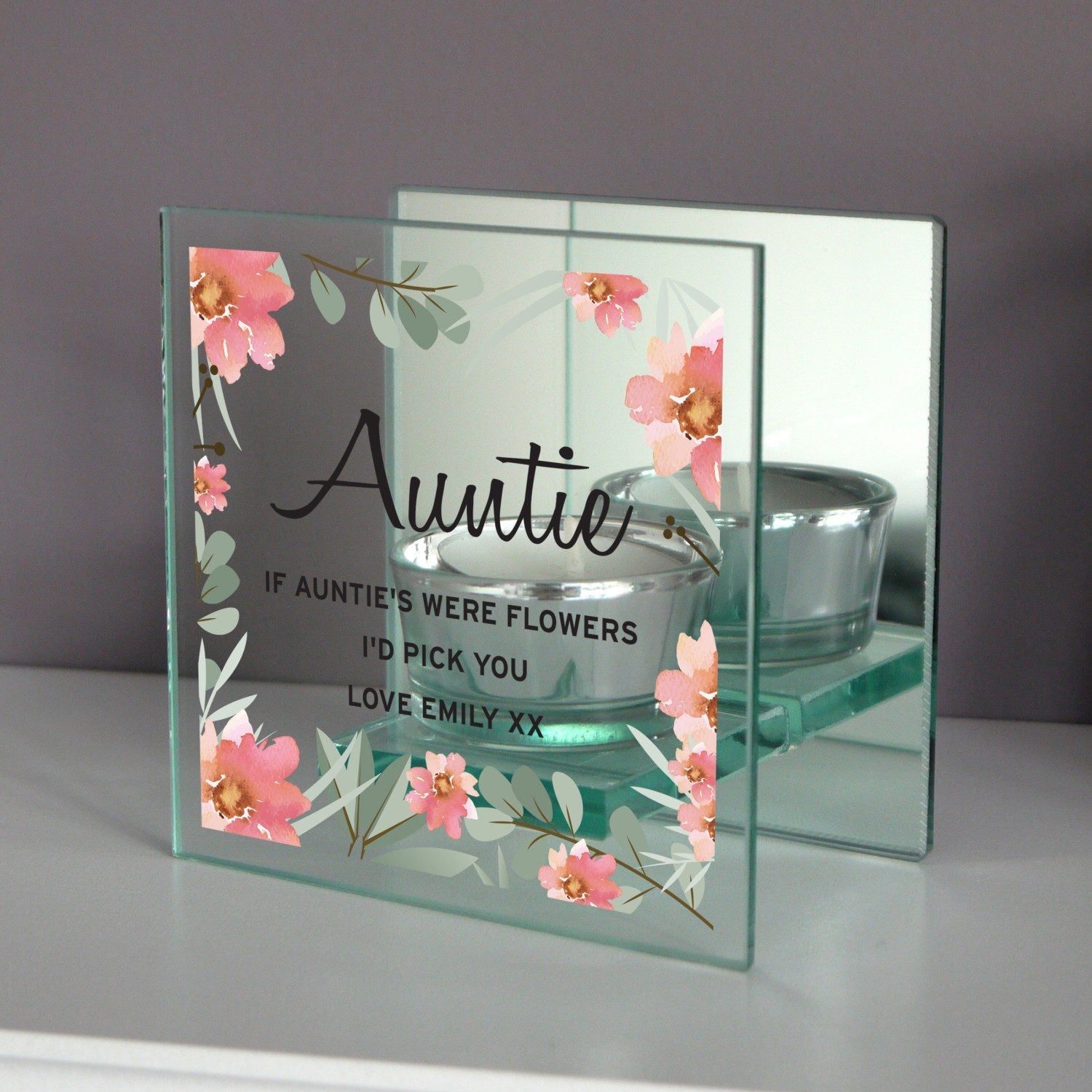Personalised Floral Sentimental Mirrored Glass Tea Light Candle Holder: 4 - Candle Holders By Gift Moments