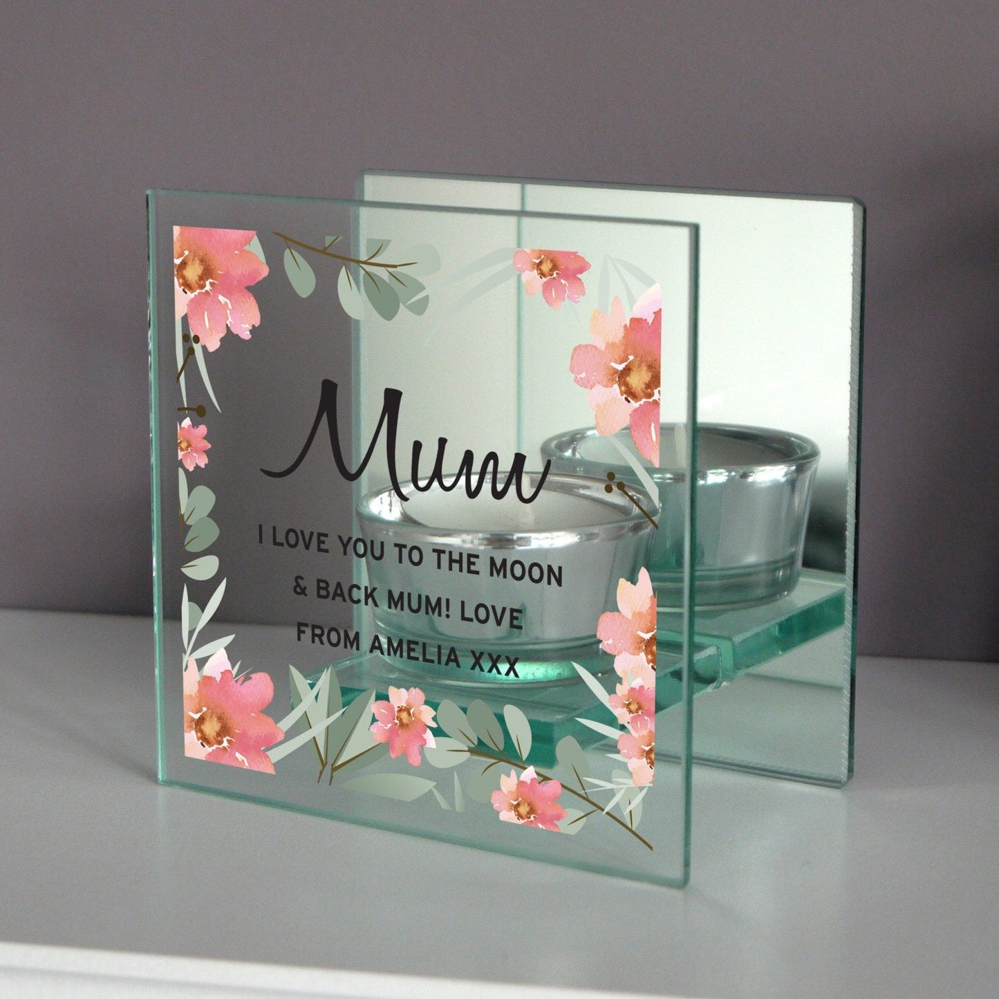 Personalised Floral Sentimental Mirrored Glass Tea Light Candle Holder: 1 - Candle Holders By Gift Moments