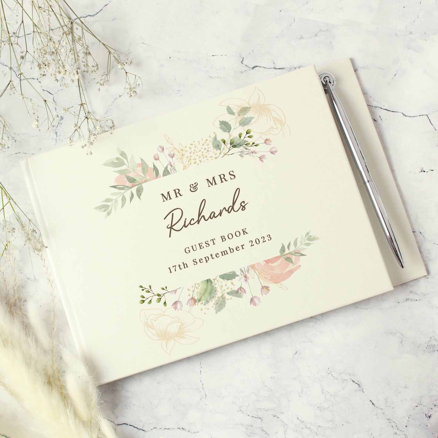 Personalised Floral Watercolour Hardback Guest Book & Pen: 2 - Guest Books By Gift Moments
