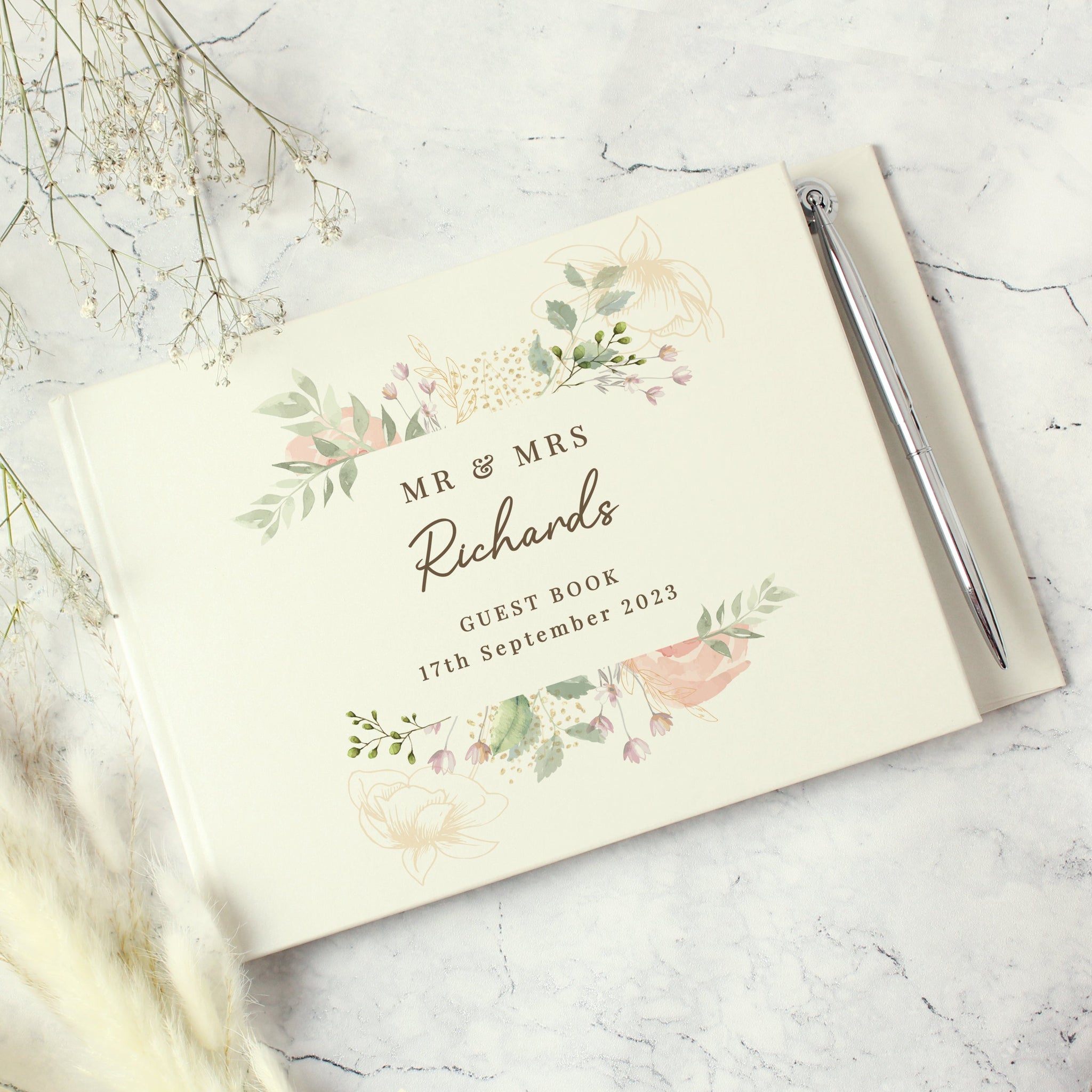 Personalised Floral Watercolour Hardback Guest Book & Pen: 2 - Guest Books By Gift Moments
