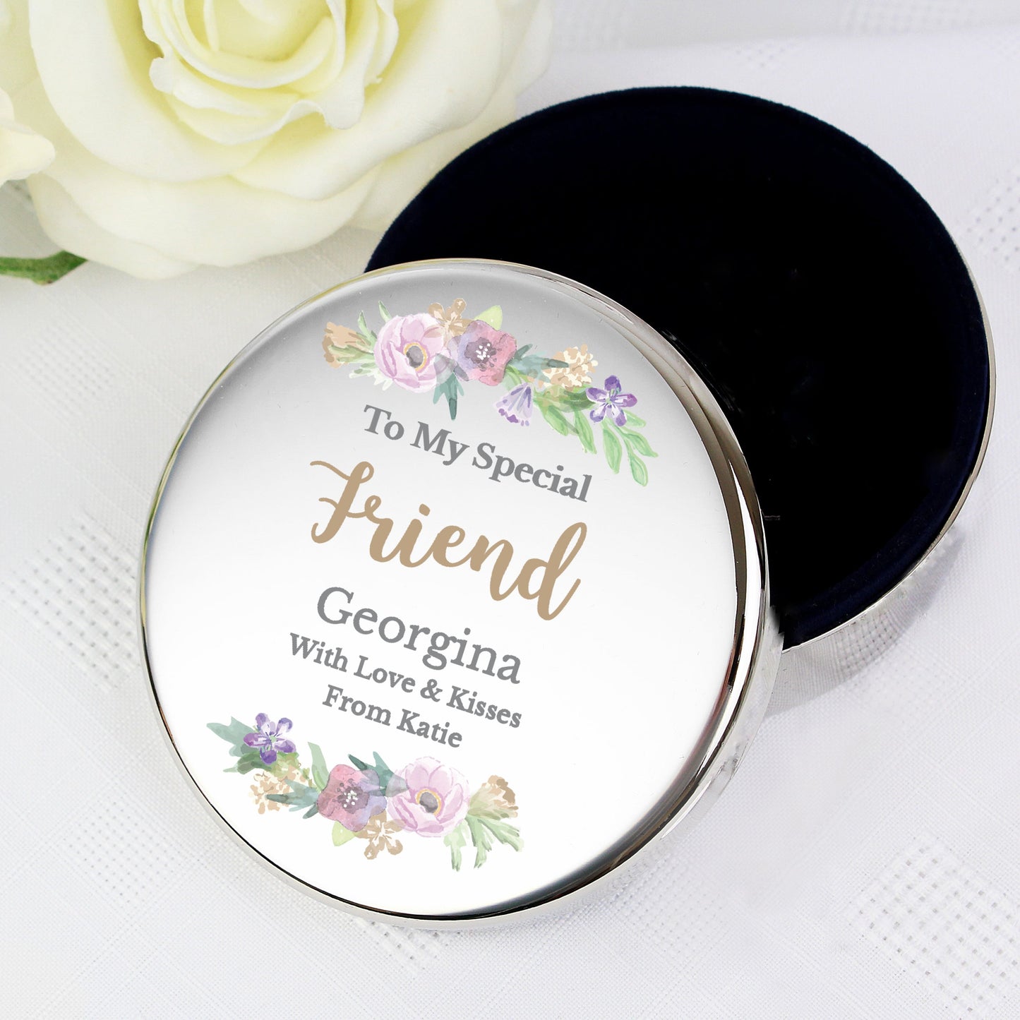 Personalised Floral Watercolour Round Trinket Box: 1 - Trinket Boxes By Gift Moments