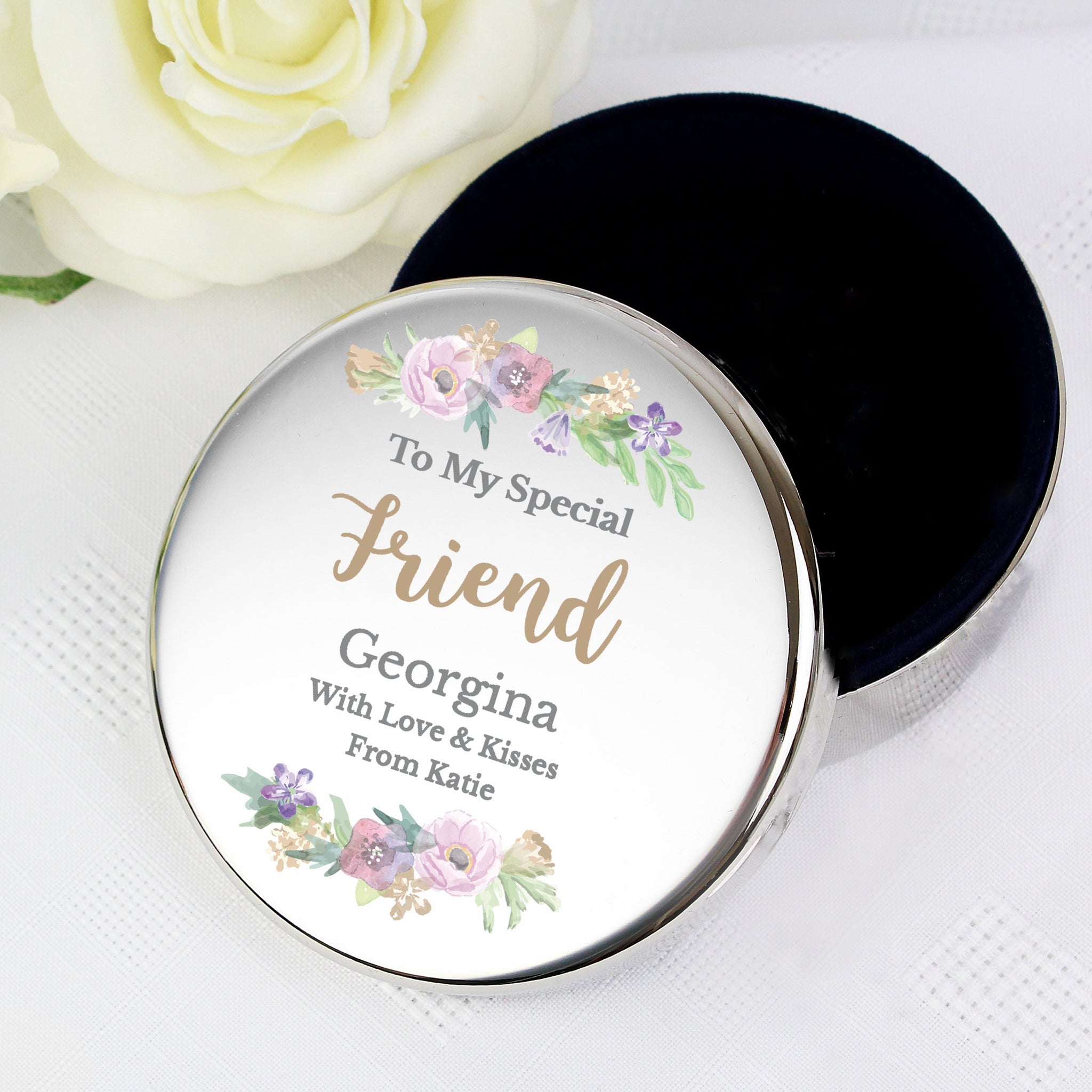 Personalised Floral Watercolour Round Trinket Box: 1 - Trinket Boxes By Gift Moments