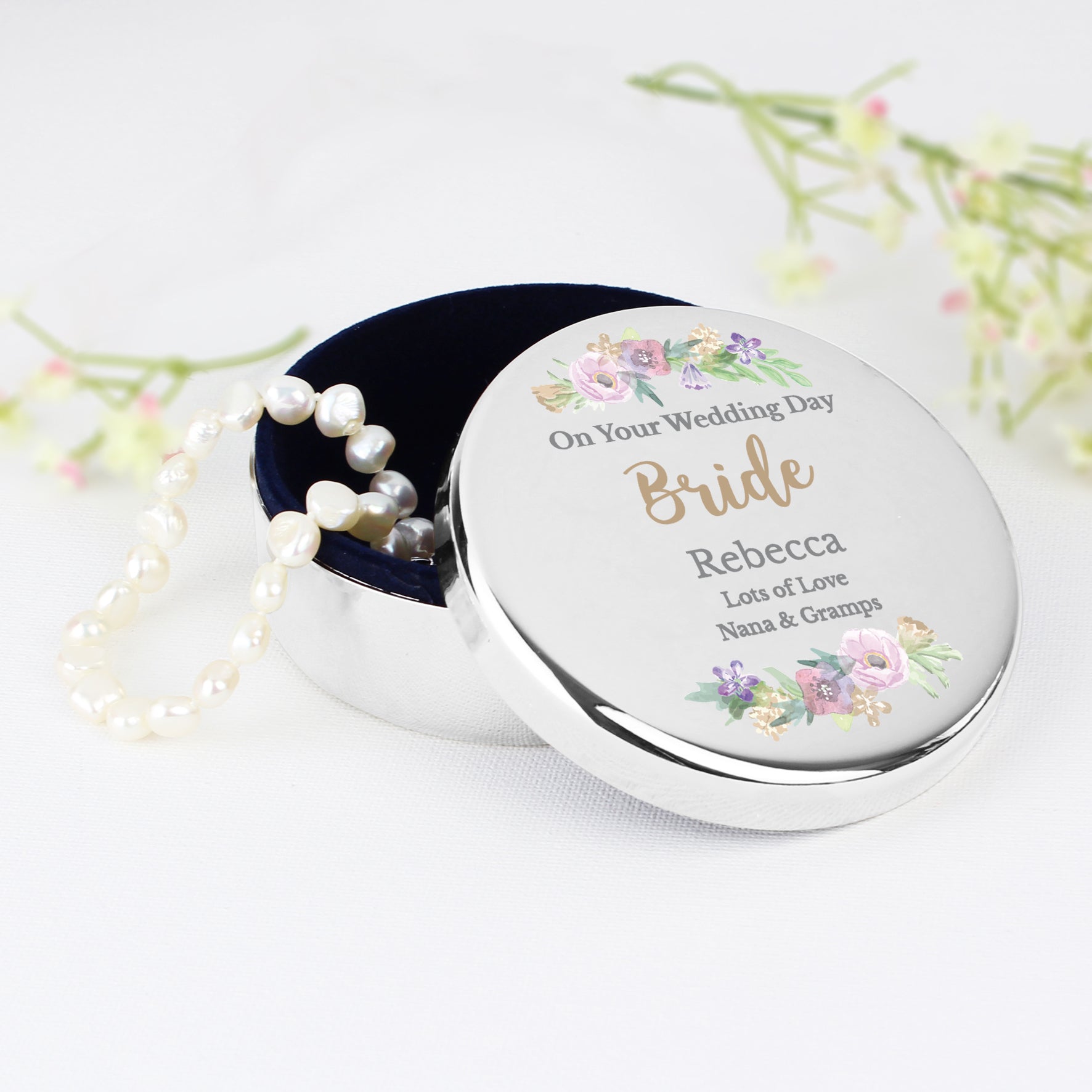 Personalised Floral Watercolour Round Trinket Box: 3 - Trinket Boxes By Gift Moments