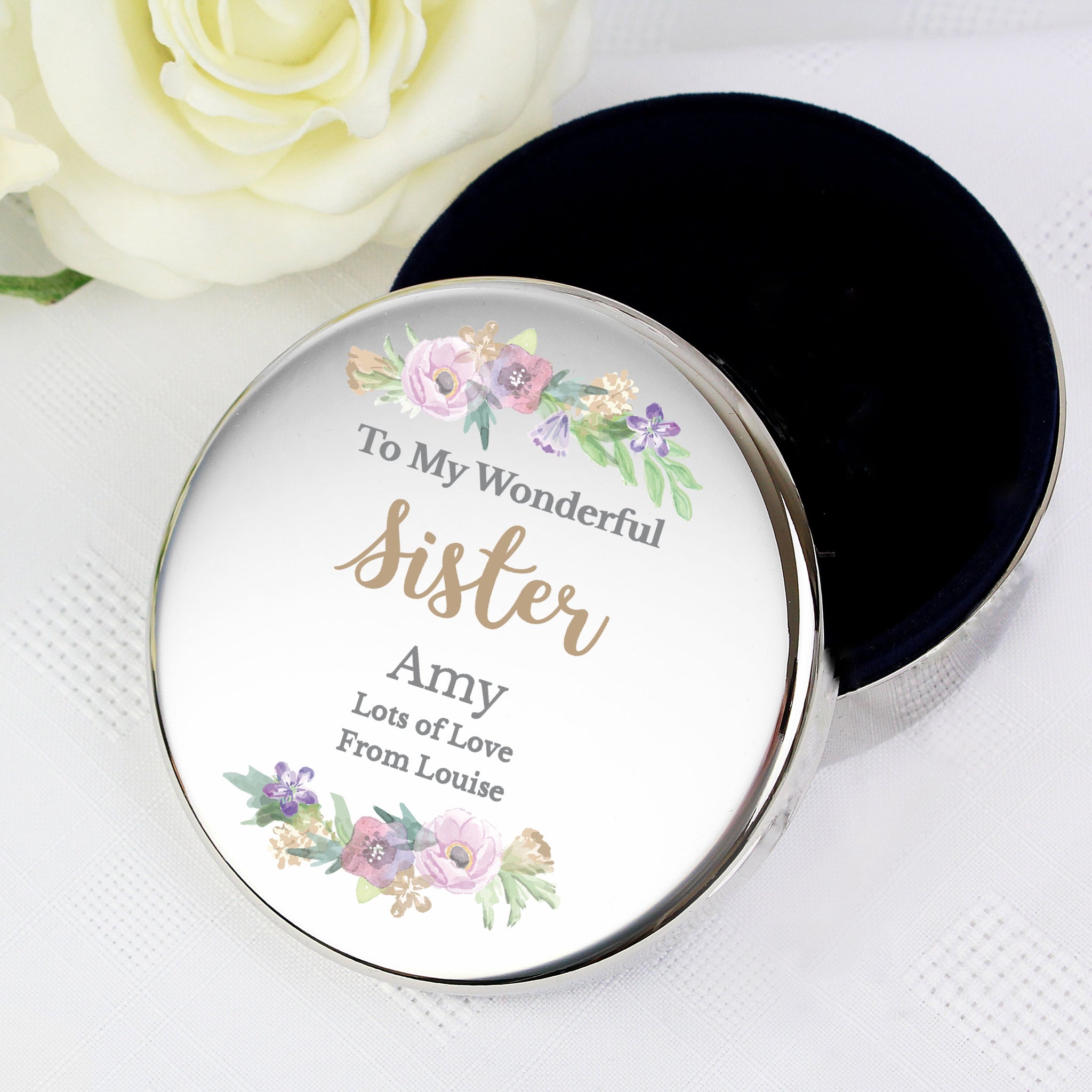 Personalised Floral Watercolour Round Trinket Box: 5 - Trinket Boxes By Gift Moments