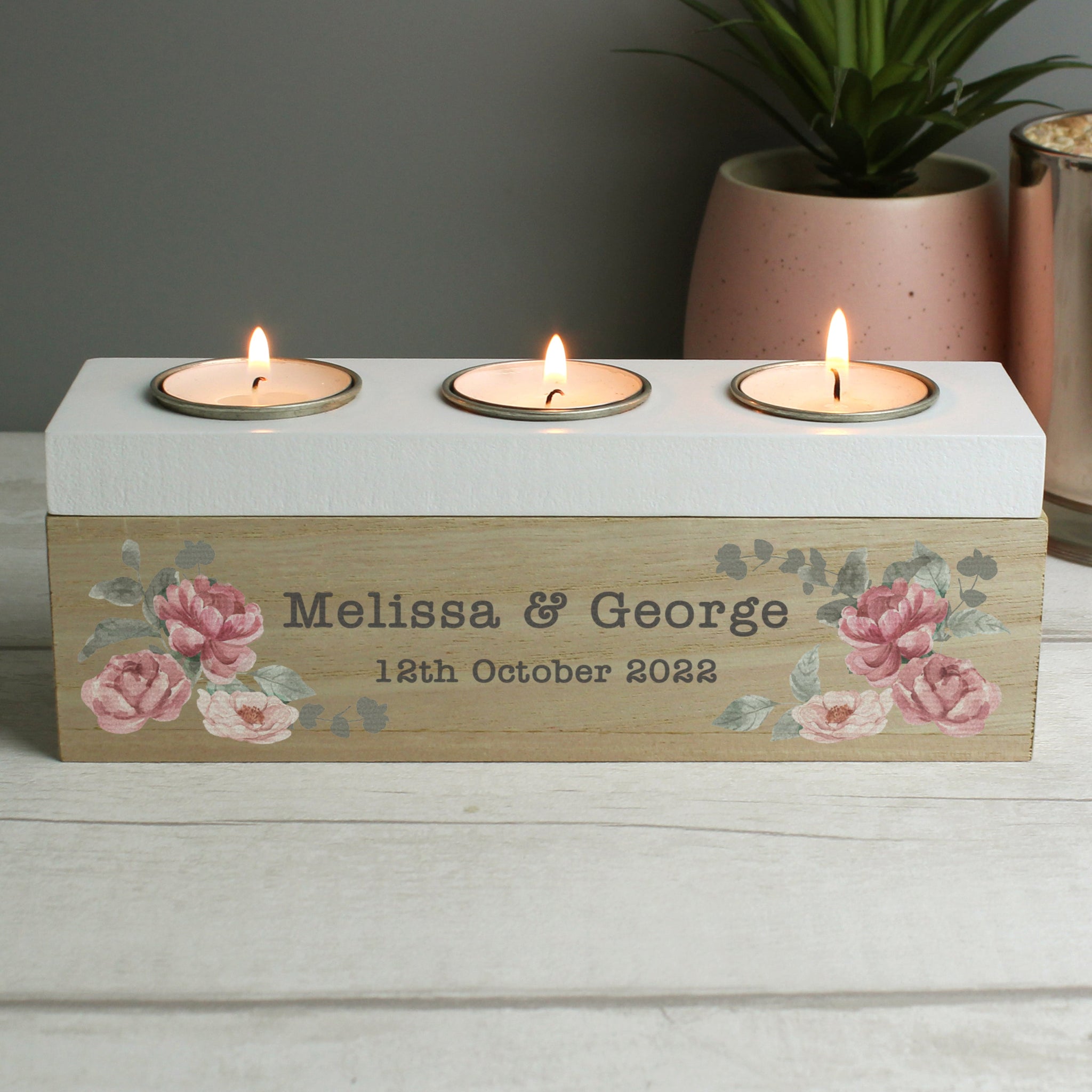 Personalised Floral Watercolour Triple Tealight Box: 3 - Candle Holders By Gift Moments