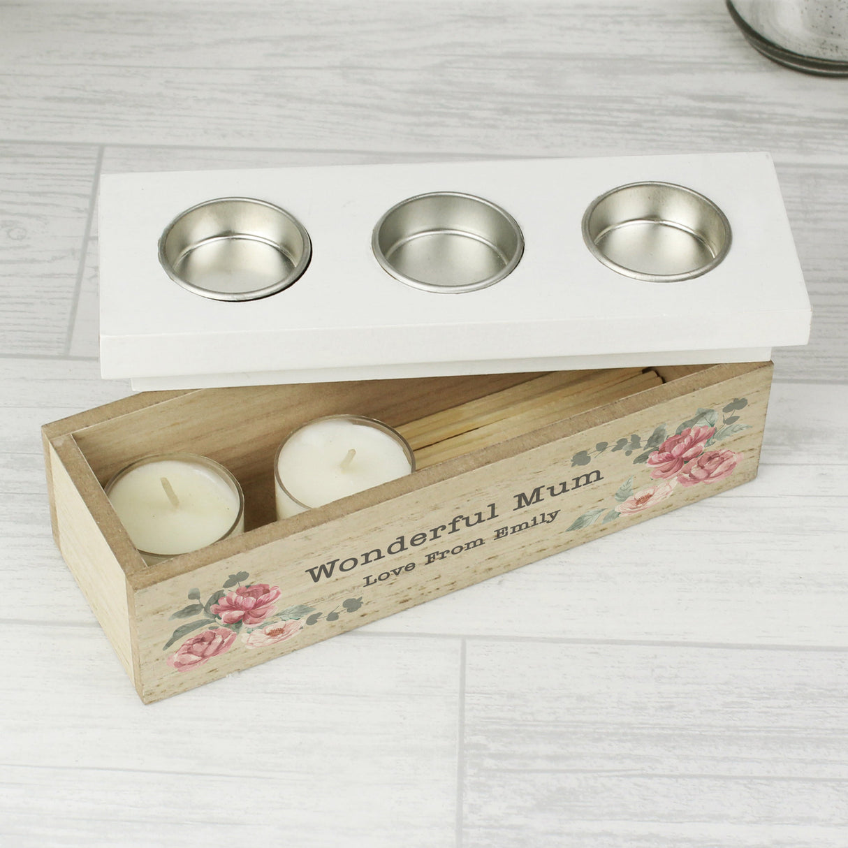 Personalised Floral Watercolour Triple Tealight Box: 4 - Candle Holders By Gift Moments