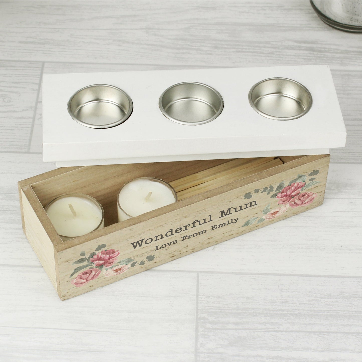 Personalised Floral Watercolour Triple Tealight Box: 4 - Candle Holders By Gift Moments