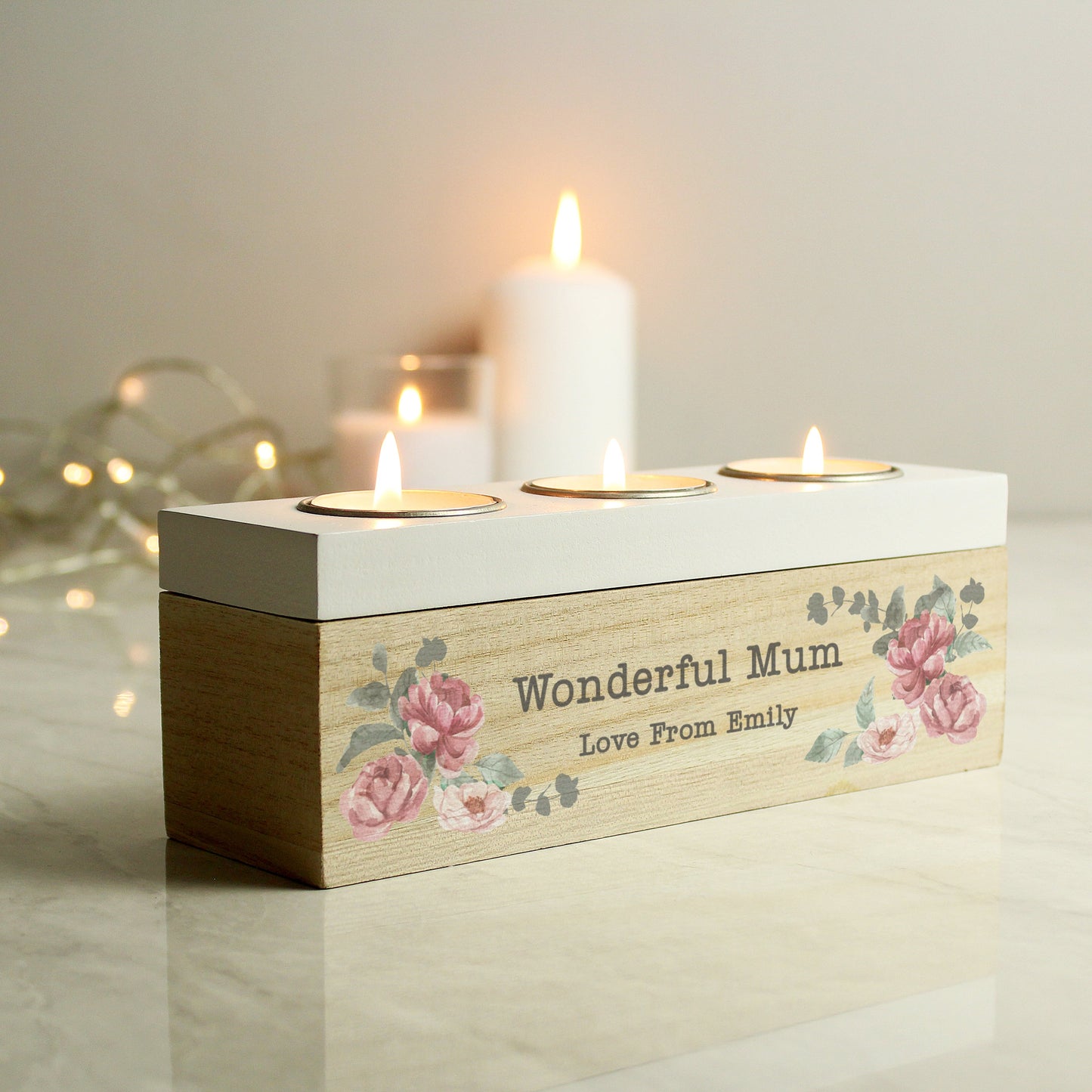 Personalised Floral Watercolour Triple Tealight Box: 1 - Candle Holders By Gift Moments
