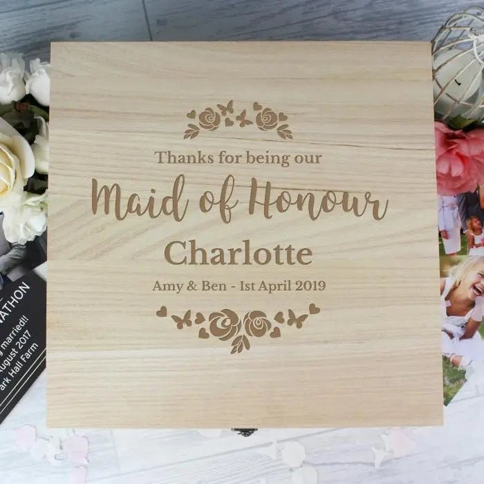 Personalised Any Role ’Floral Watercolour Wedding’ Large Wooden Keepsake Box: 3 - Keepsake Boxes By Gift Moments