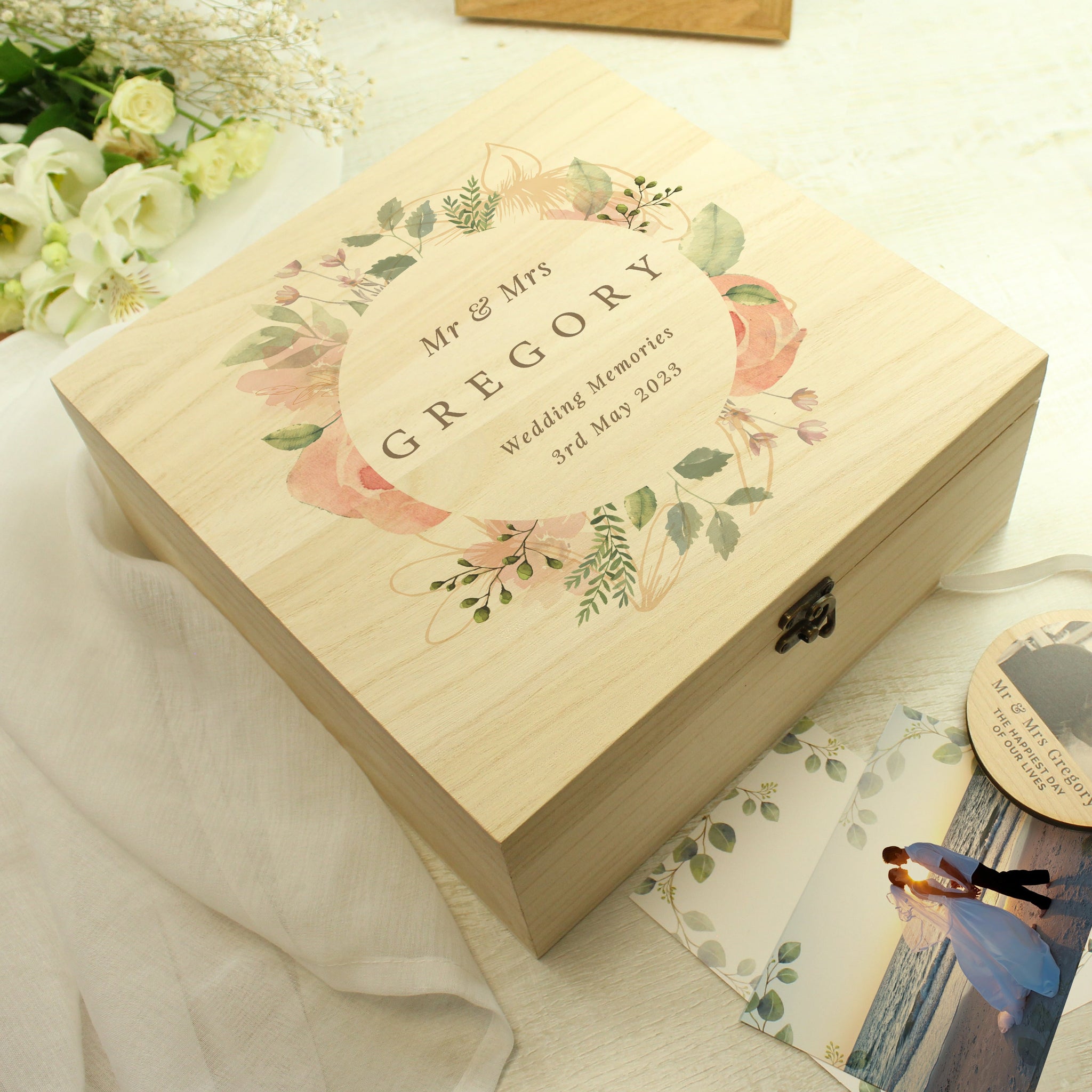 Personalised Floral Watercolour Wooden Keepsake box: 6 - Keepsake Boxes By Gift Moments