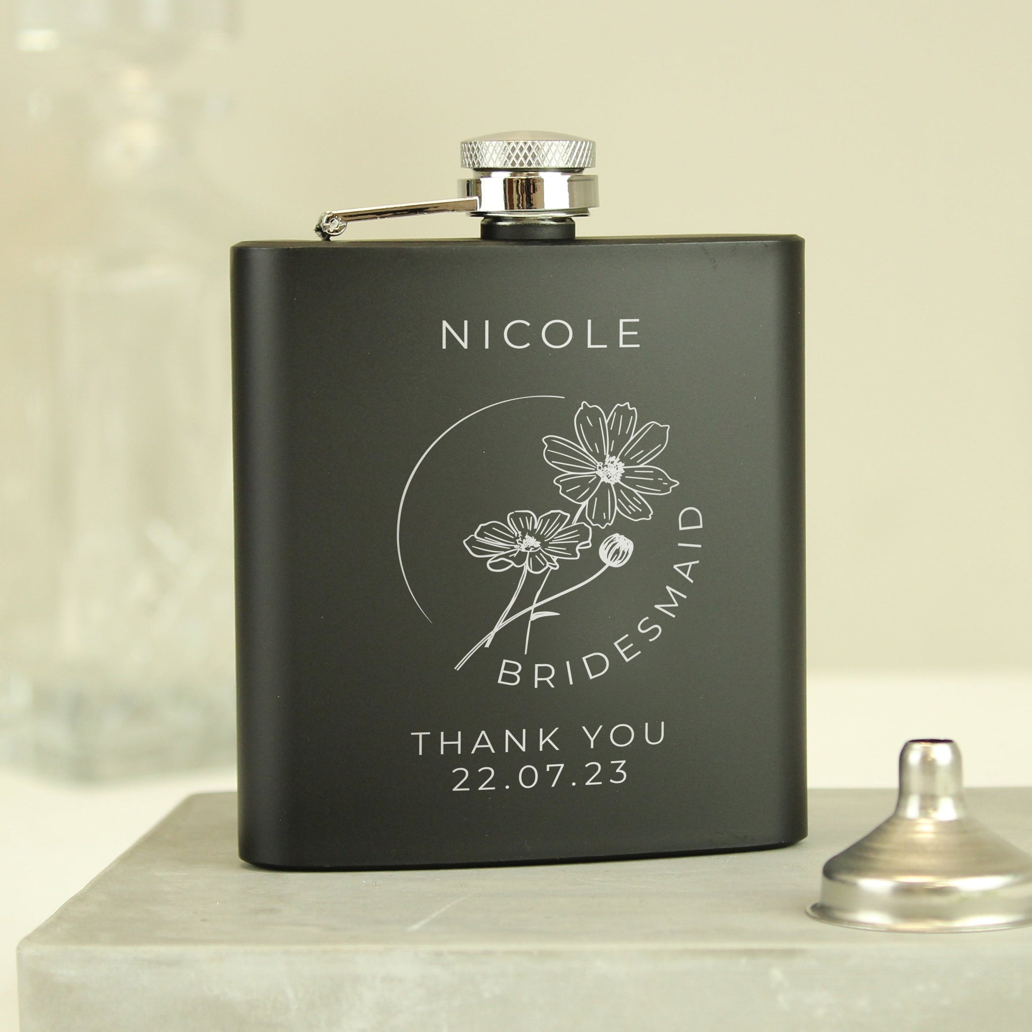 Personalised Floral Wedding Party Black Hip Flask: 4 - Hip Flasks By Gift Moments
