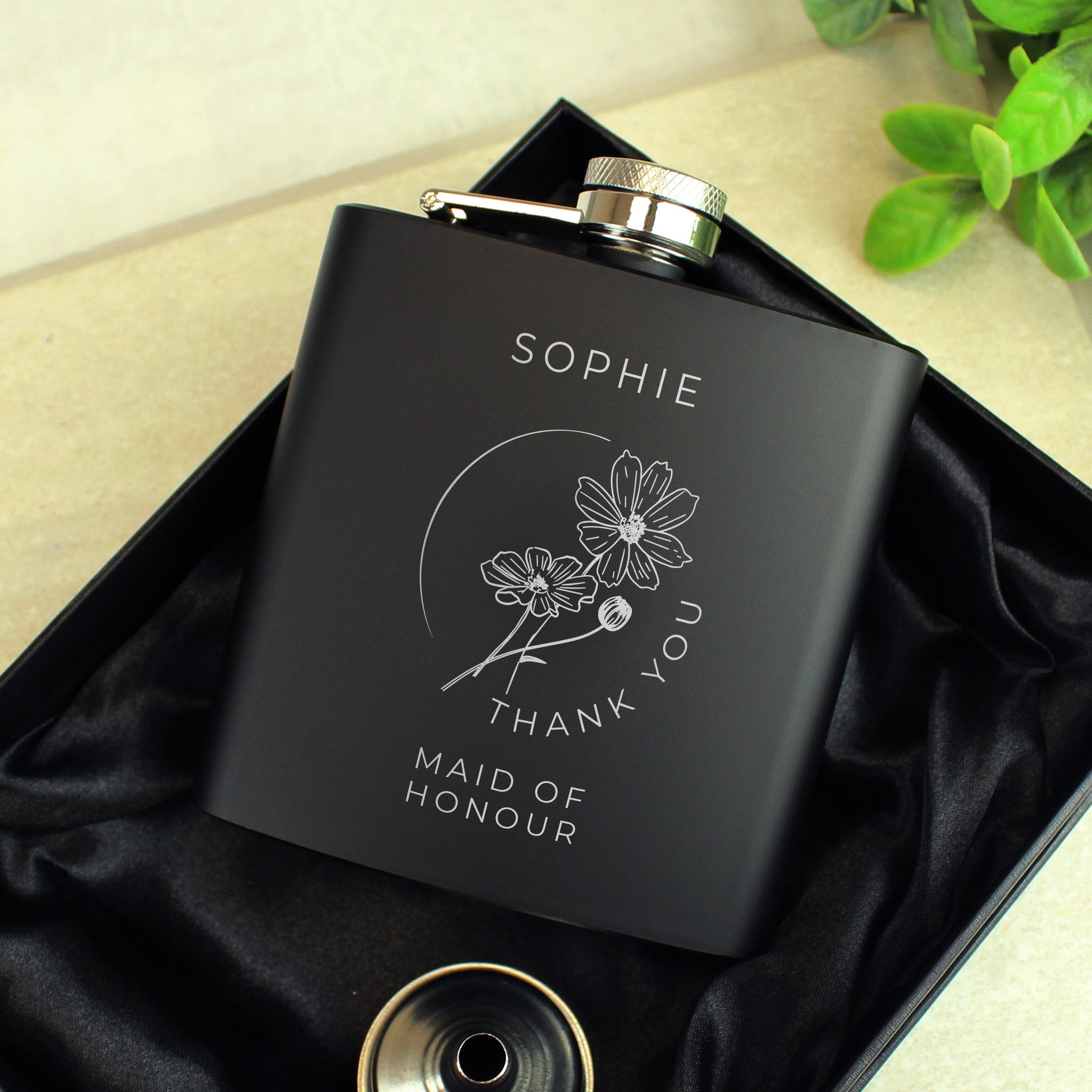 Personalised Floral Wedding Party Black Hip Flask: 1 - Hip Flasks By Gift Moments