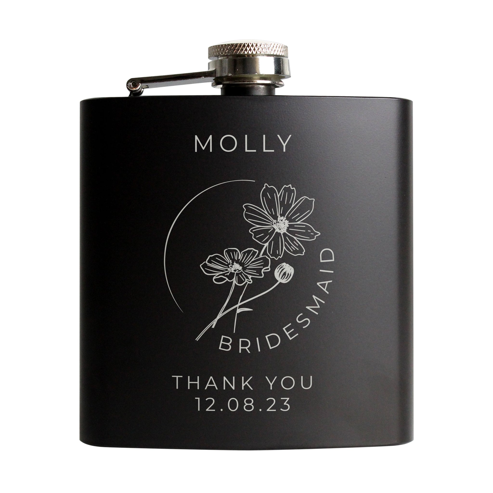 Personalised Floral Wedding Party Black Hip Flask: 5 - Hip Flasks By Gift Moments