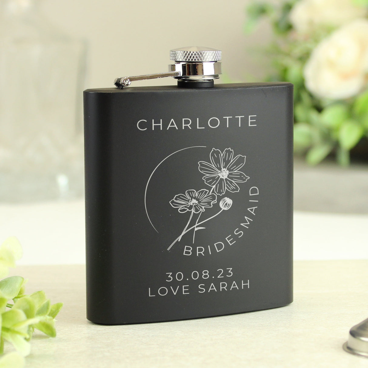 Personalised Floral Wedding Party Black Hip Flask: 2 - Hip Flasks By Gift Moments