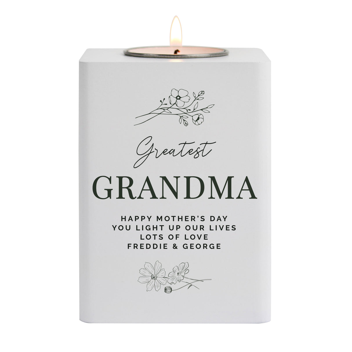 Personalised Floral White Wooden Tea light Holder: 5 - Candle Holders By Gift Moments