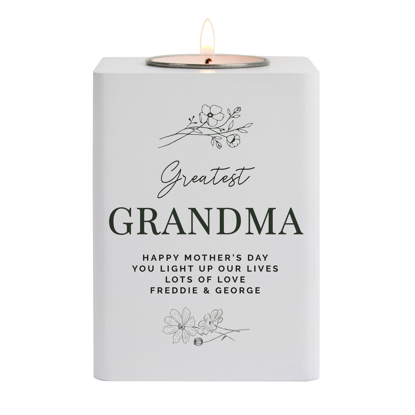 Personalised Floral White Wooden Tea light Holder: 5 - Candle Holders By Gift Moments