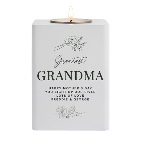 Personalised Floral White Wooden Tea light Holder: 5 - Candle Holders By Gift Moments