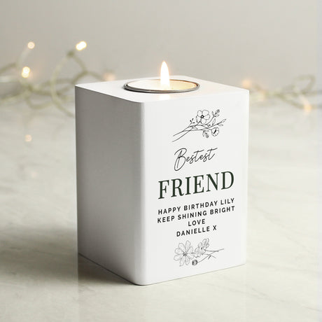 Personalised Floral White Wooden Tea light Holder: 4 - Candle Holders By Gift Moments