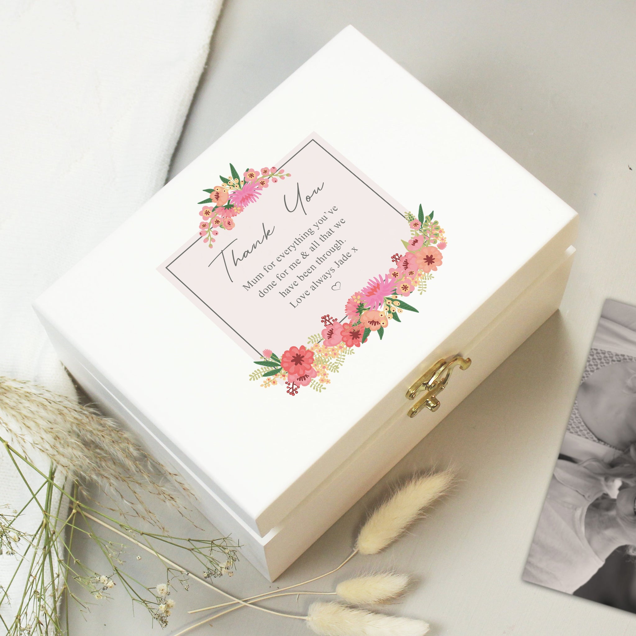Personalised Floral Wishes White Wooden Keepsake Box: 3 - Keepsake Boxes By Gift Moments