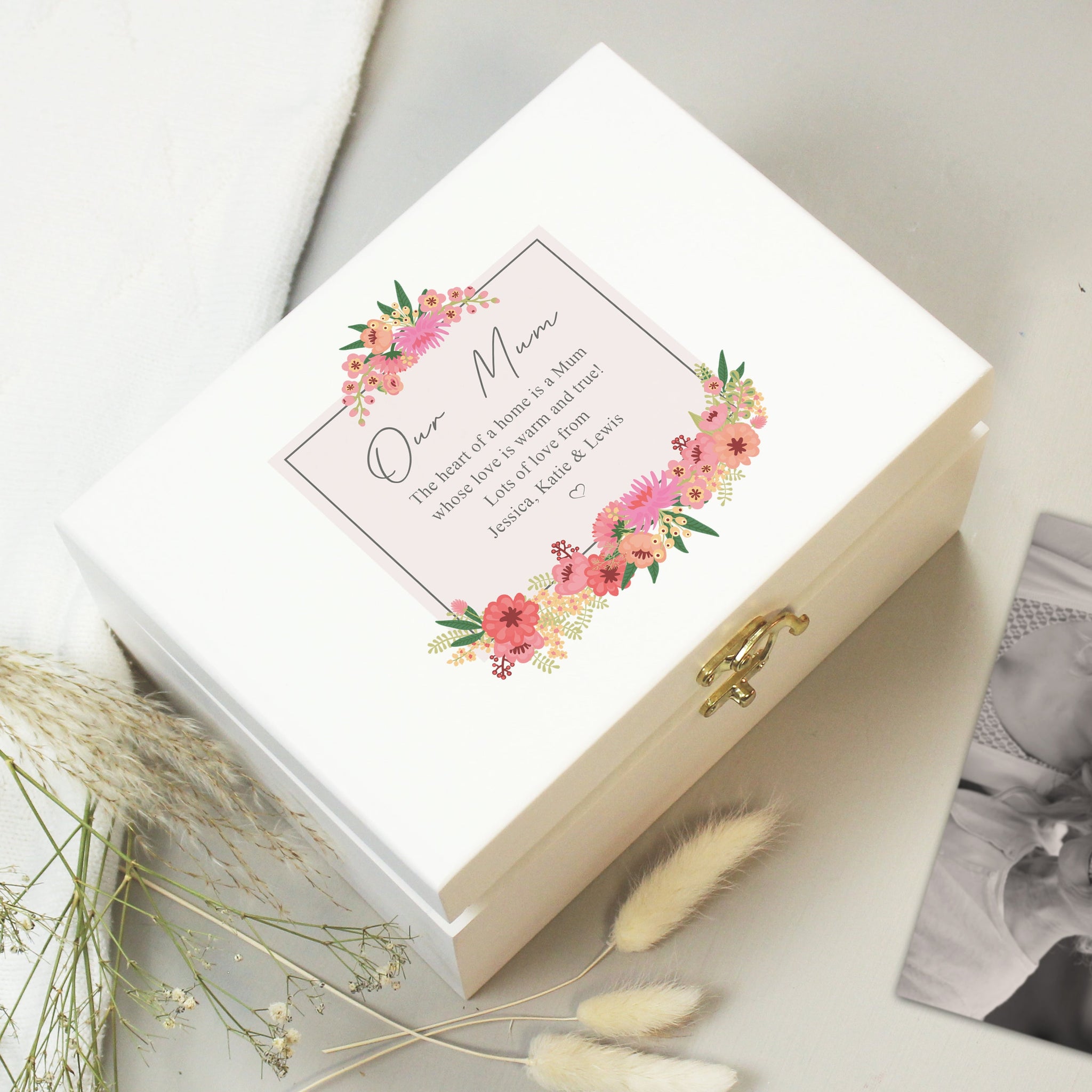 Personalised Floral Wishes White Wooden Keepsake Box: 1 - Keepsake Boxes By Gift Moments