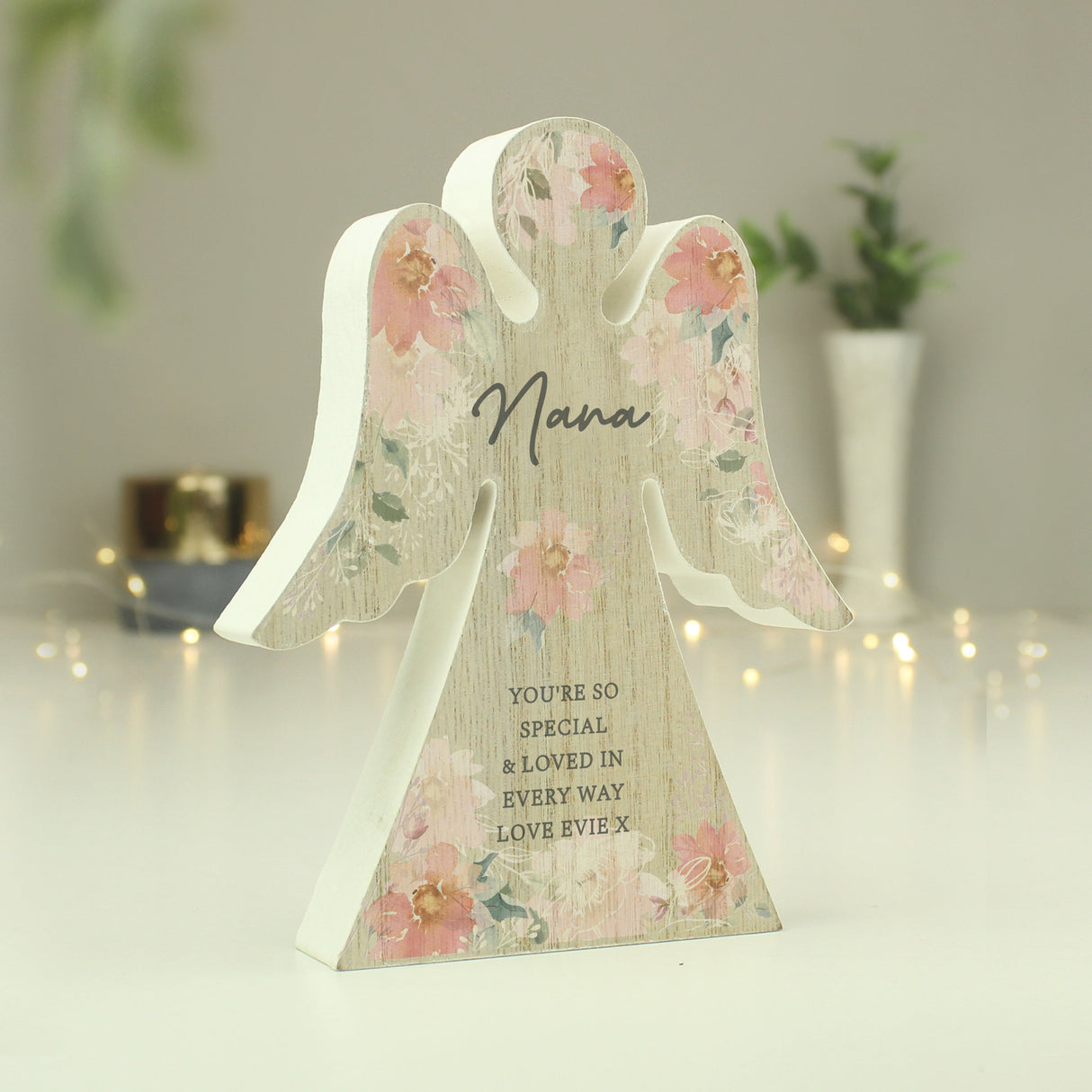 Personalised Floral Wooden Angel Ornament: 9 - Ornaments By Gift Moments