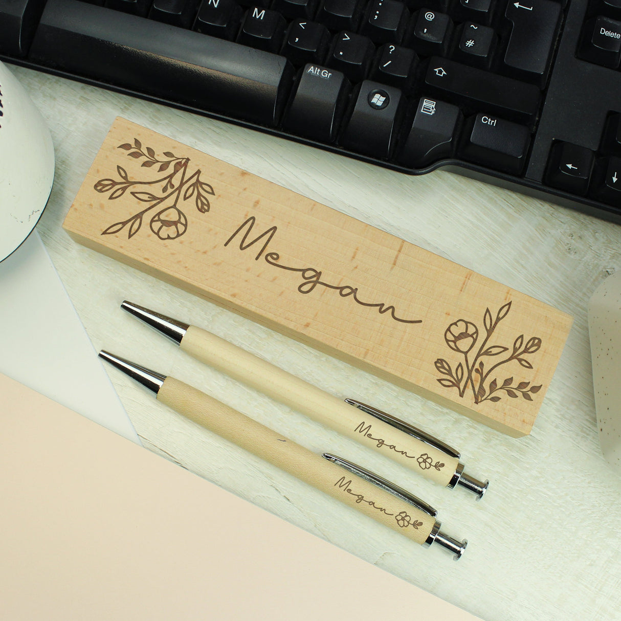Personalised Floral Wooden Pen and Pencil Set: 4 Pens & Pencils By Gift Moments