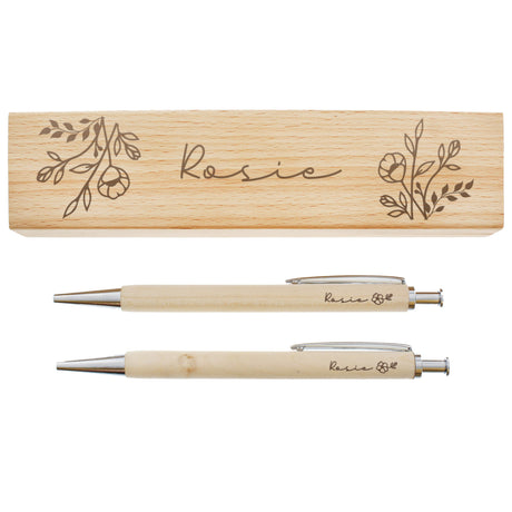 Personalised Floral Wooden Pen and Pencil Set: 5 Pens & Pencils By Gift Moments
