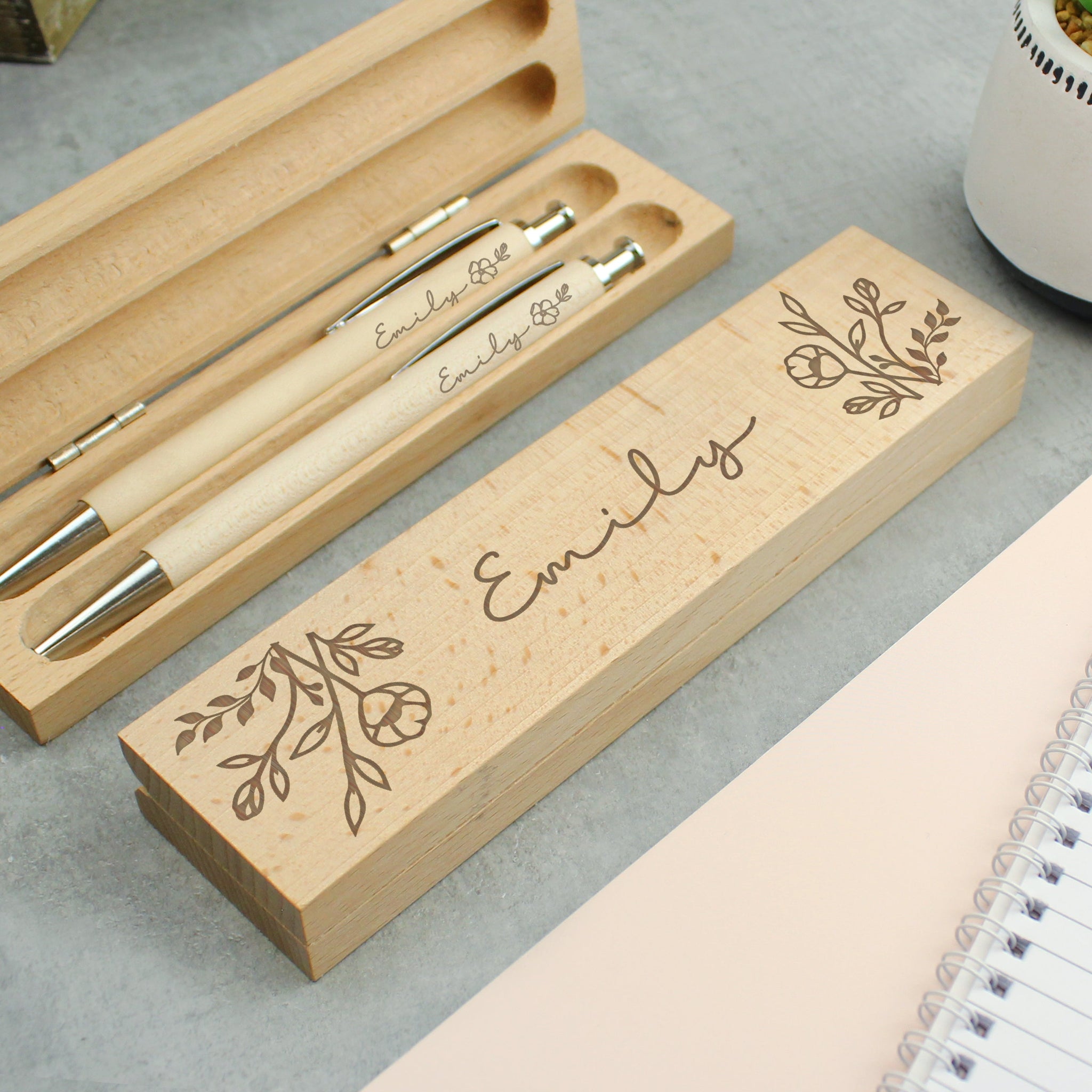Personalised Floral Wooden Pen and Pencil Set: 1 - Pens & Pencils By Gift Moments