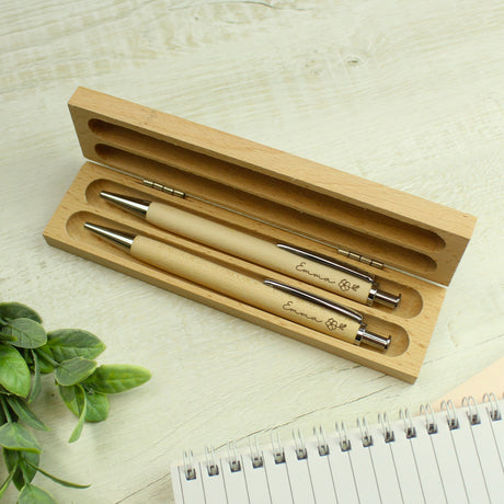 Personalised Floral Wooden Pen and Pencil Set: 6 Pens & Pencils By Gift Moments