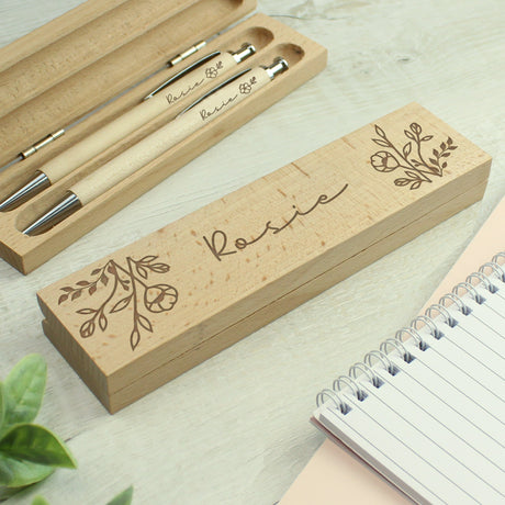 Personalised Floral Wooden Pen and Pencil Set: 2 Pens & Pencils By Gift Moments