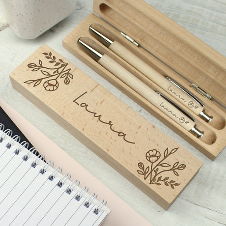 Personalised Floral Wooden Pen and Pencil Set: 3 Pens & Pencils By Gift Moments