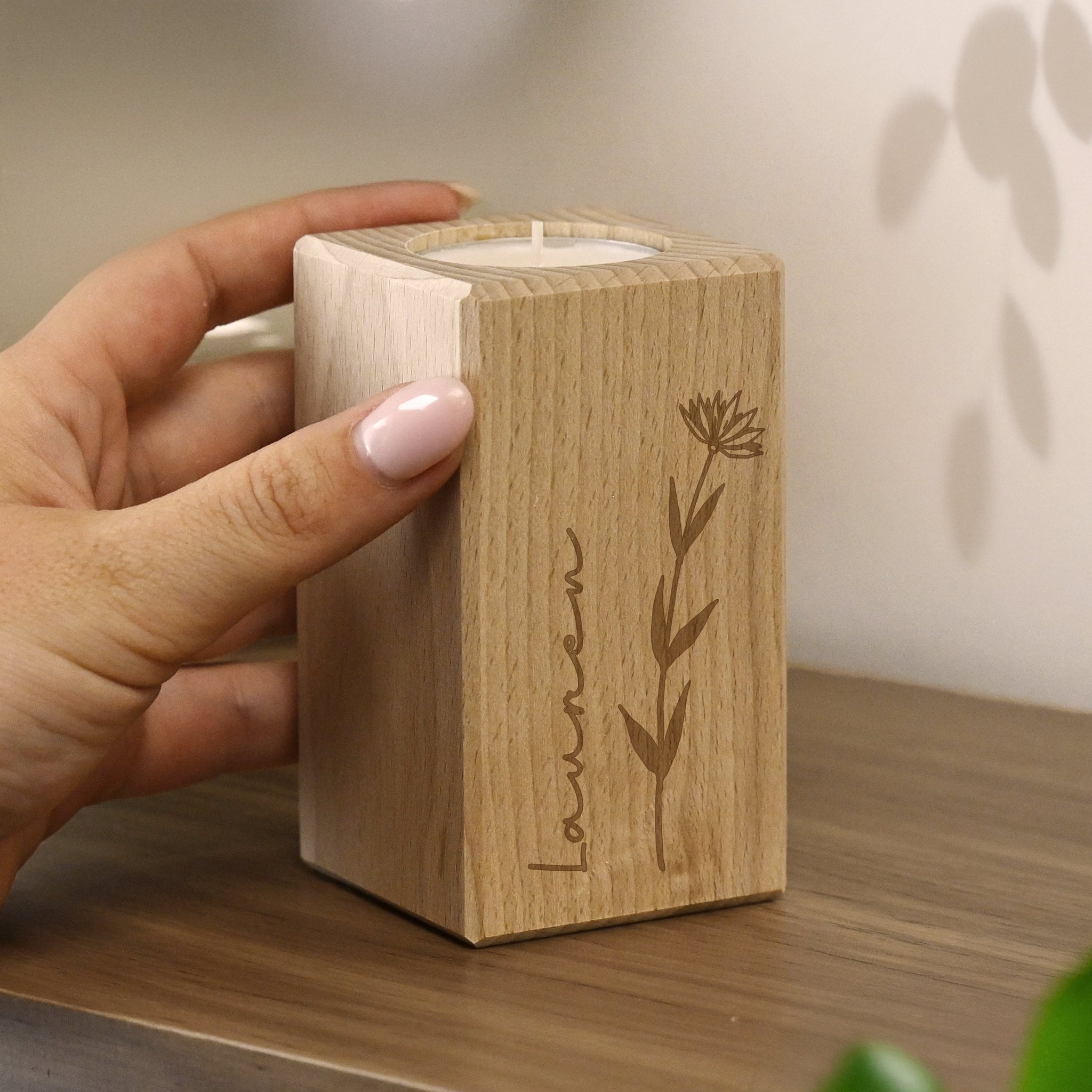 Personalised Floral Wooden Tealight Holder: 2 - Candle Holders By Gift Moments