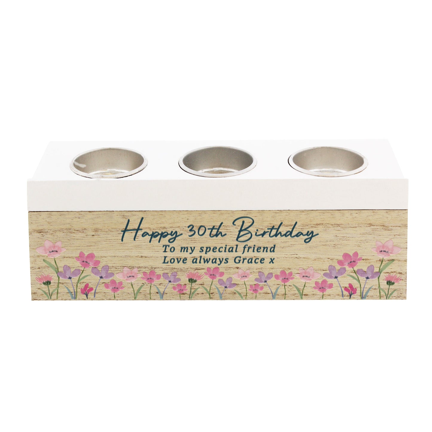 Personalised Floral Wooden Triple Tea Light Box: 4 - Candle Holders By Gift Moments