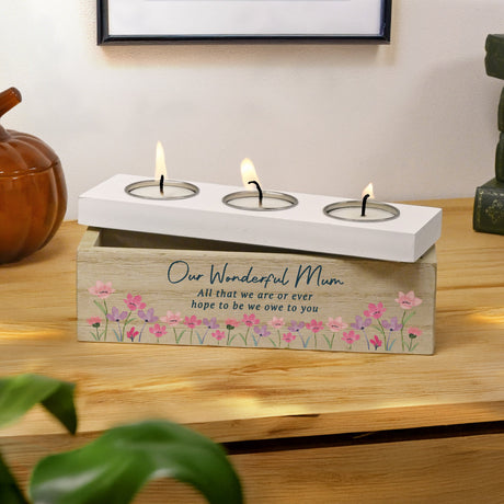 Personalised Floral Wooden Triple Tea Light Box: 1 - Candle Holders By Gift Moments