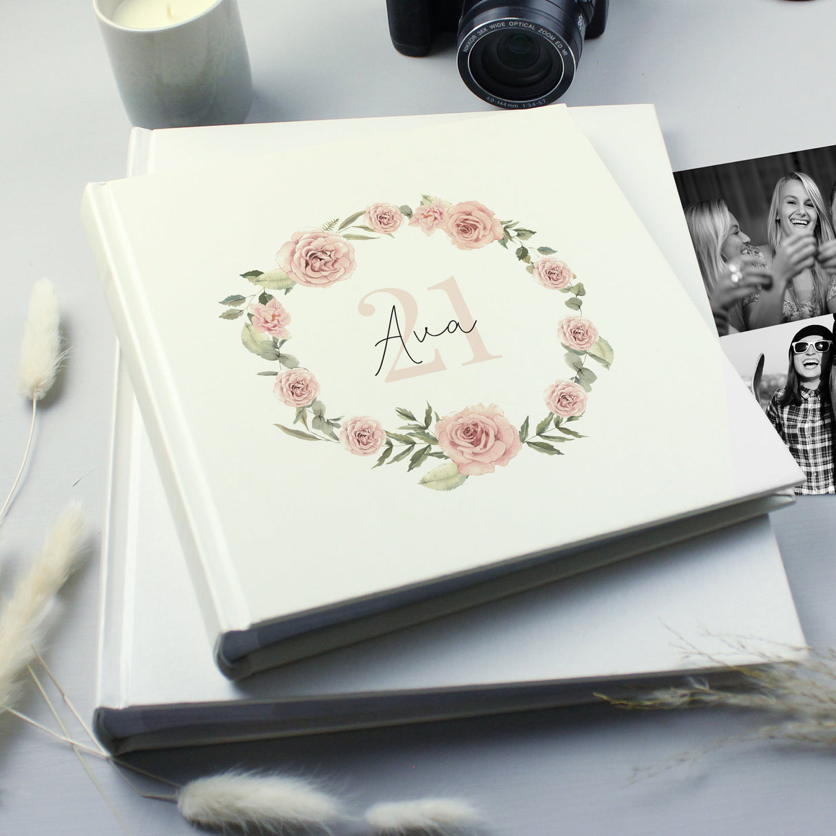 Personalised Floral Wreath Square Photo Album: 3 Photo Albums By Gift Moments