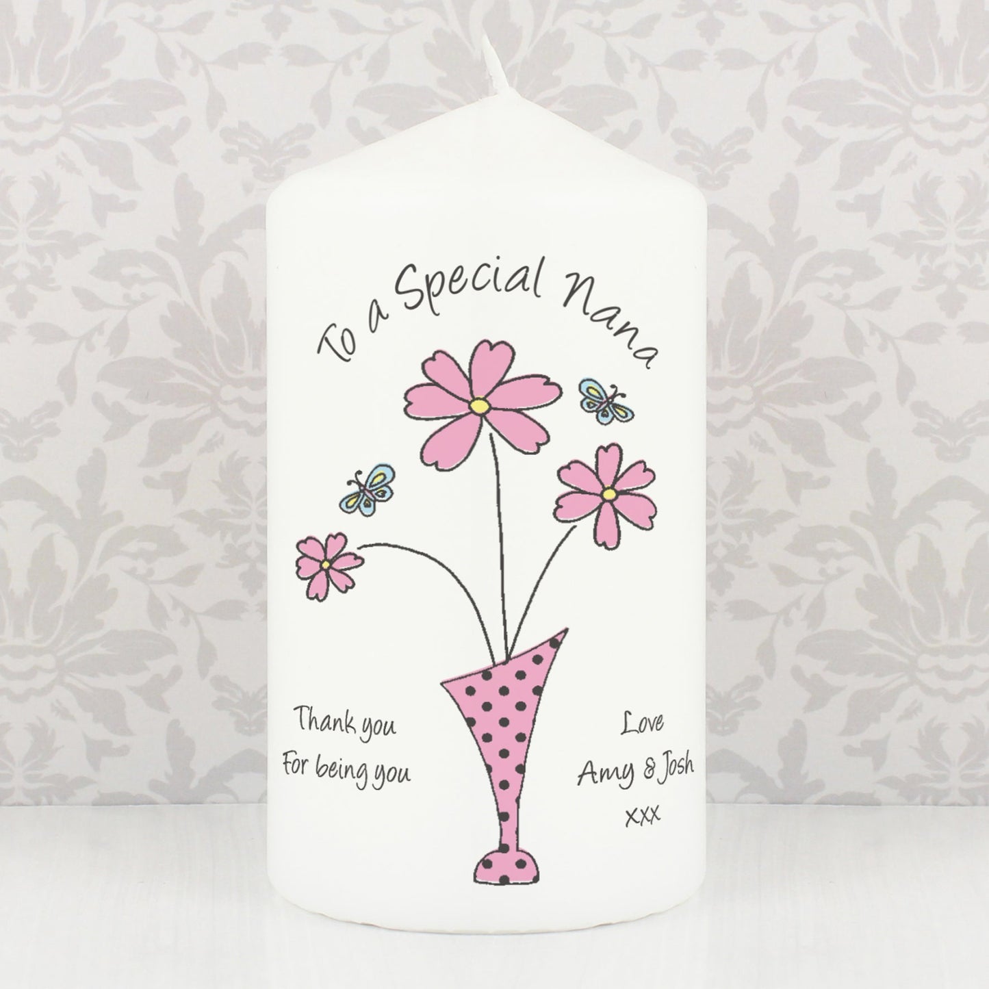 Personalised Flower in Vase Message Pillar Candle: 1 - Candles By Gift Moments
