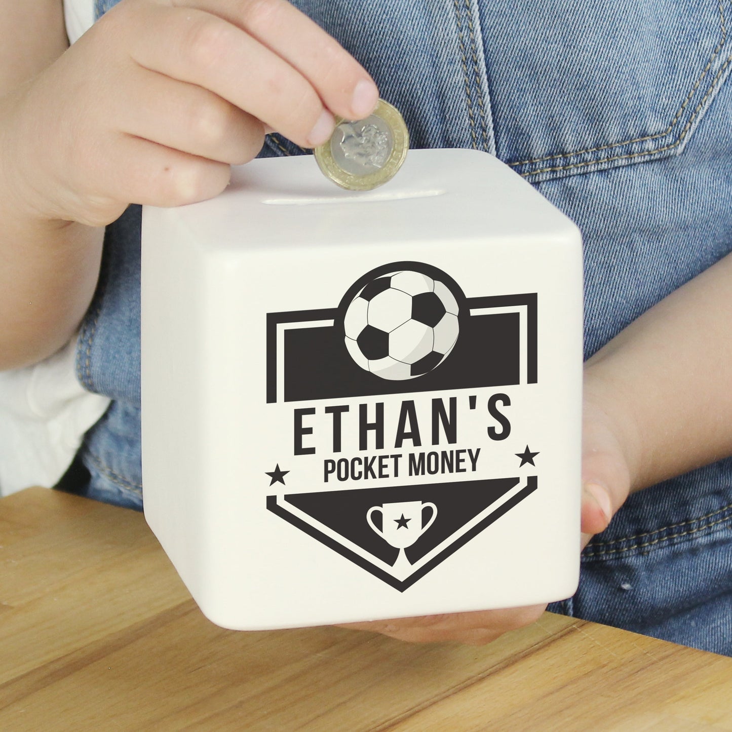 Personalised Football Badge Ceramic Square Money Box: 2 - Money Boxes By Gift Moments