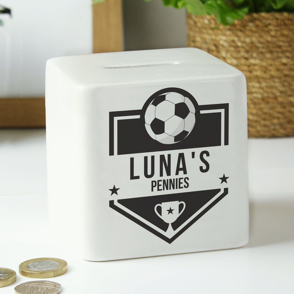 Personalised Football Badge Ceramic Square Money Box: 4 - Money Boxes By Gift Moments