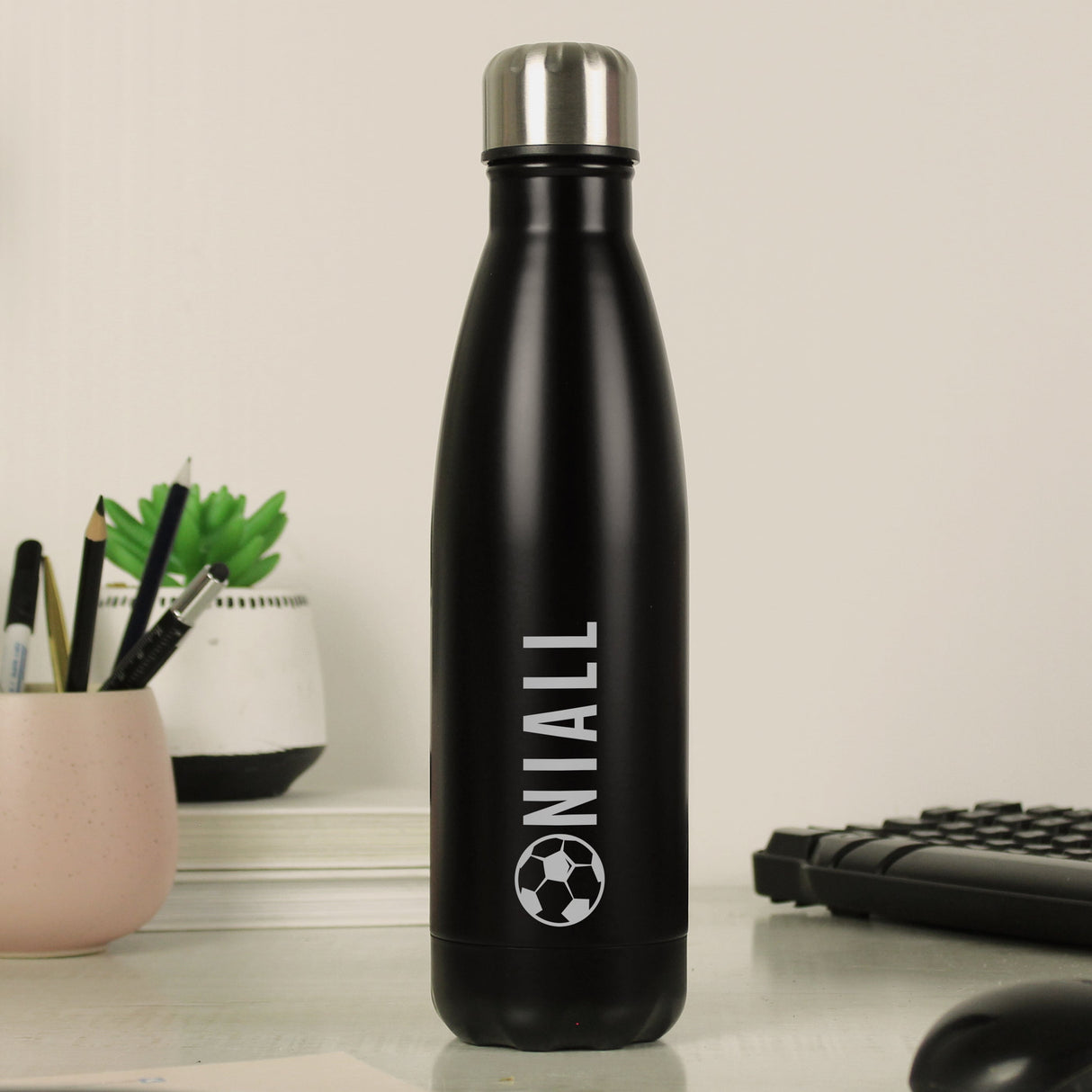 Personalised Football Black Metal Insulated Drinks Bottle: 3 - Water Bottles By Gift Moments