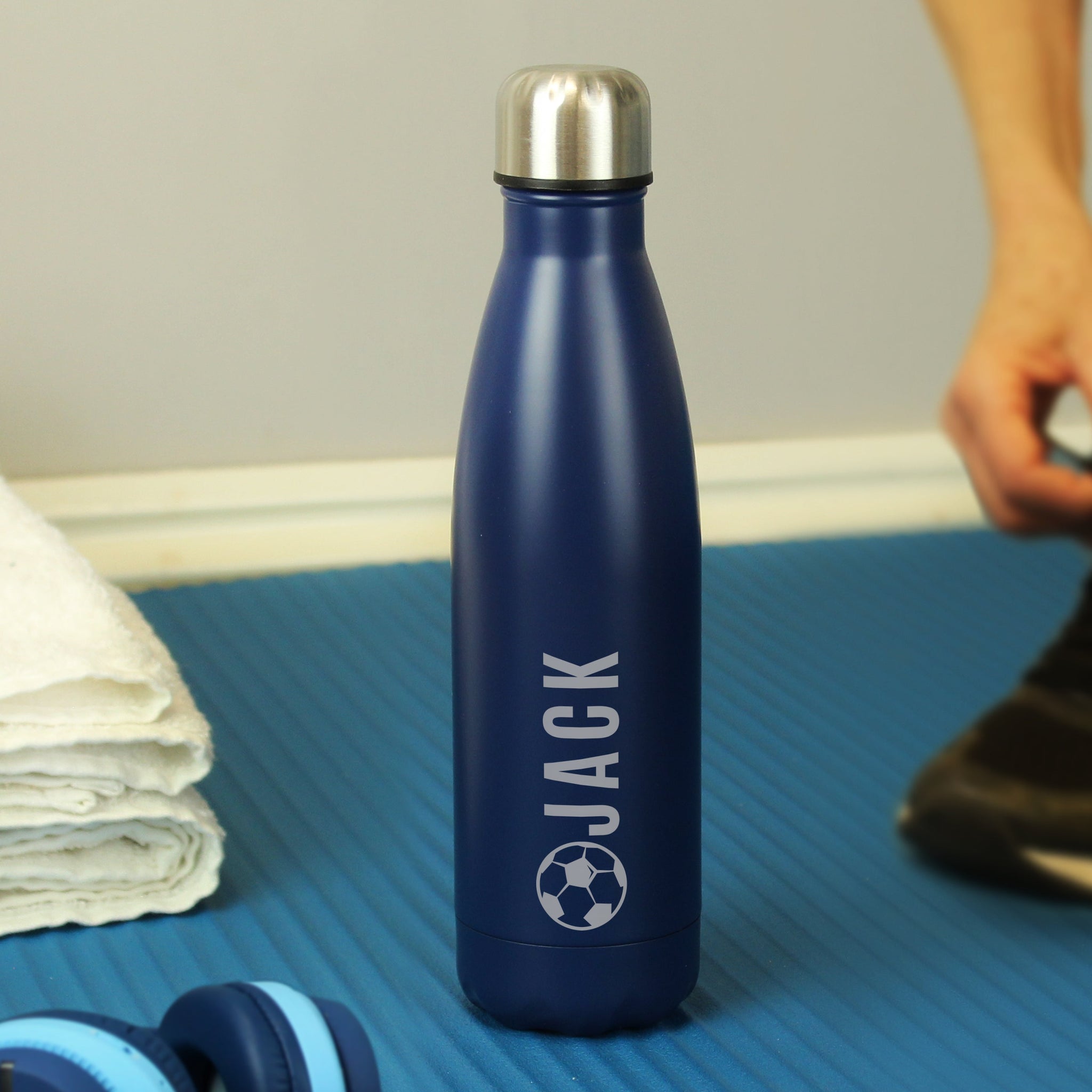 Personalised Football Navy Metal Insulated Drinks Bottle: 4 - Water Bottles By Gift Moments