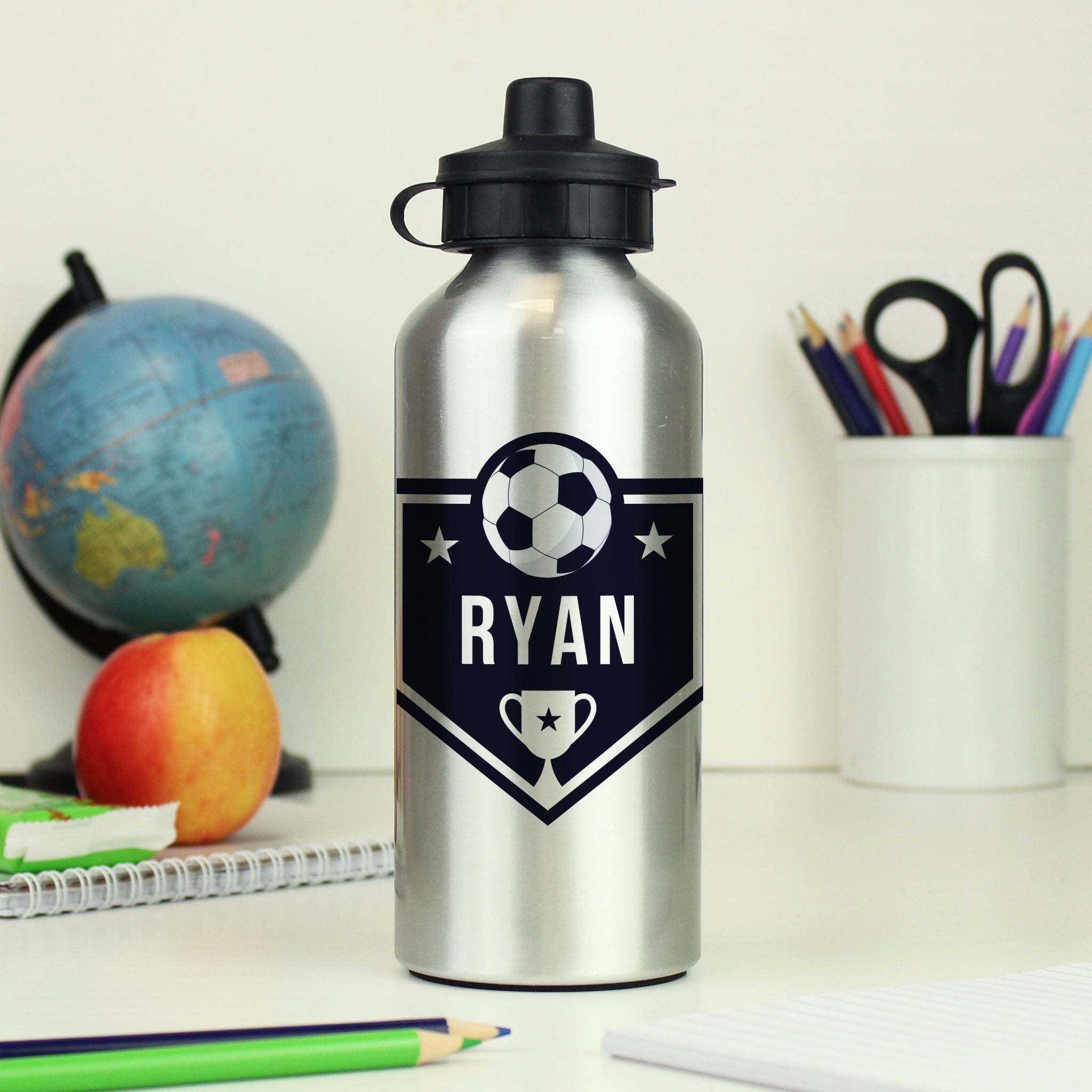 Personalised Football Silver Drinks Bottle: 1 - Kids Bottles By Gift Moments